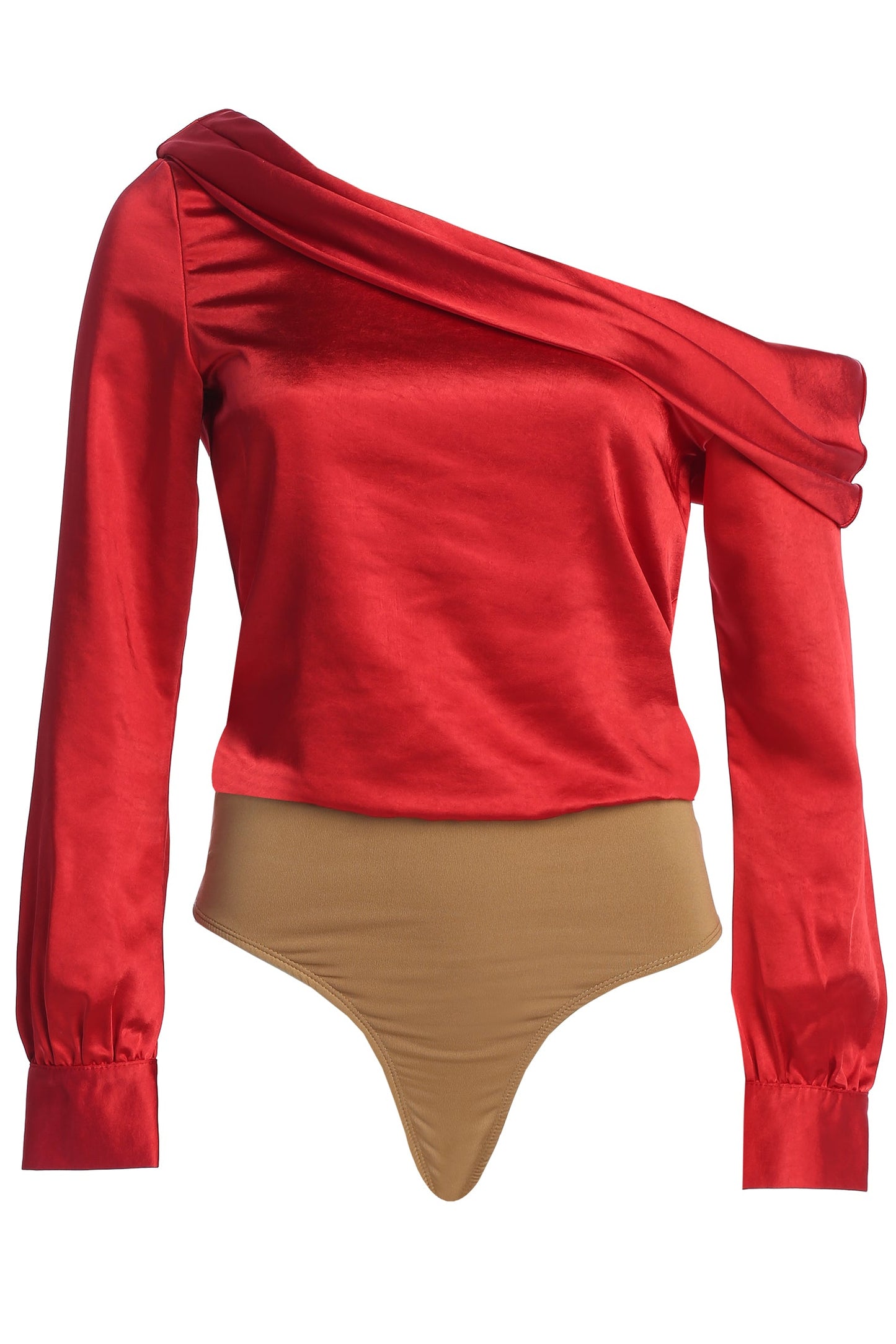 Red Satin Rima Asymmetrical Bodysuit JLUXLABEL