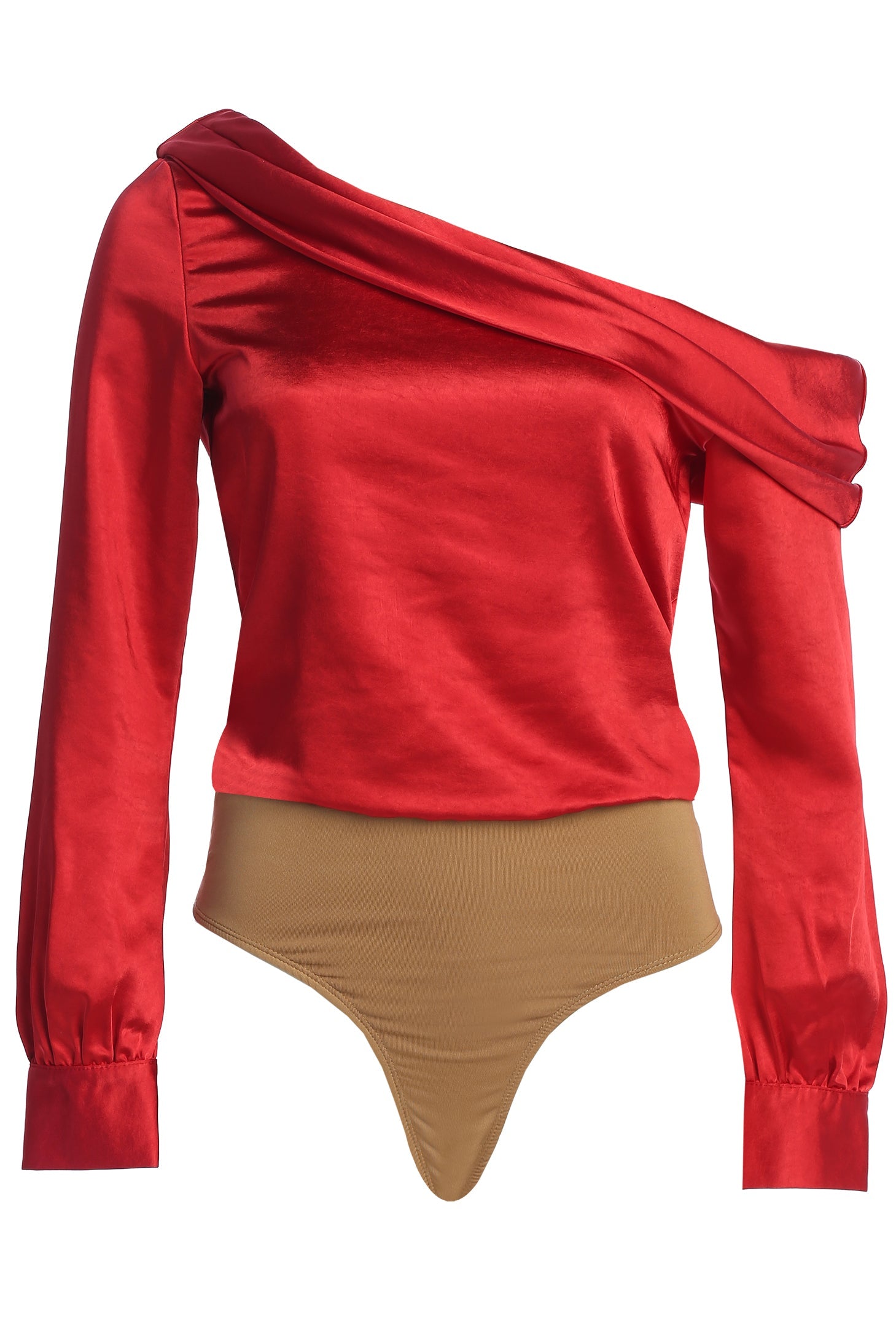 Red Satin Rima Asymmetrical Bodysuit JLUXLABEL