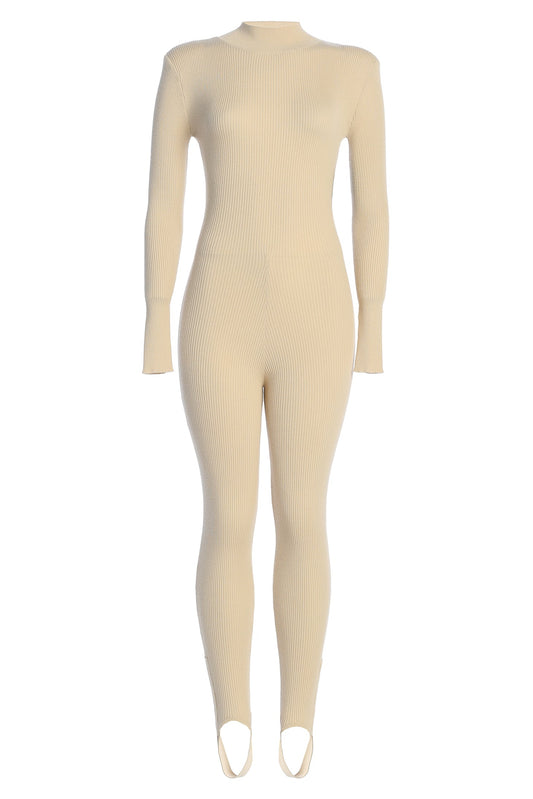 Beige Minna Mock Neck Jumpsuit JLUXLABEL