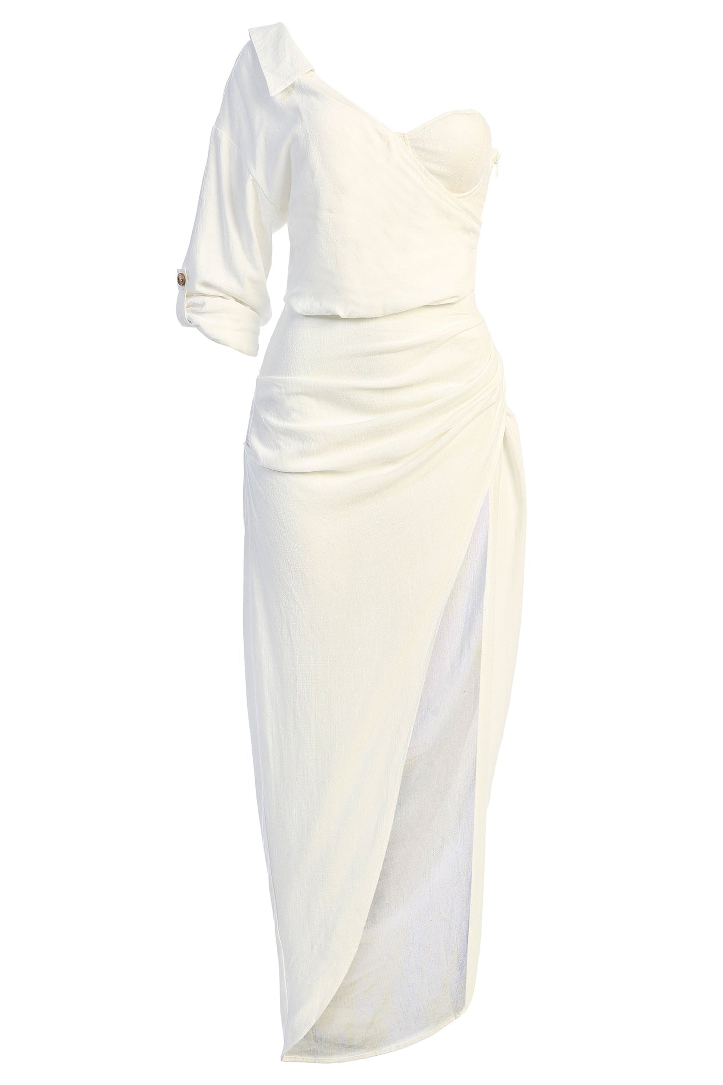 White Evita Linen Draped Dress JLUXLABEL