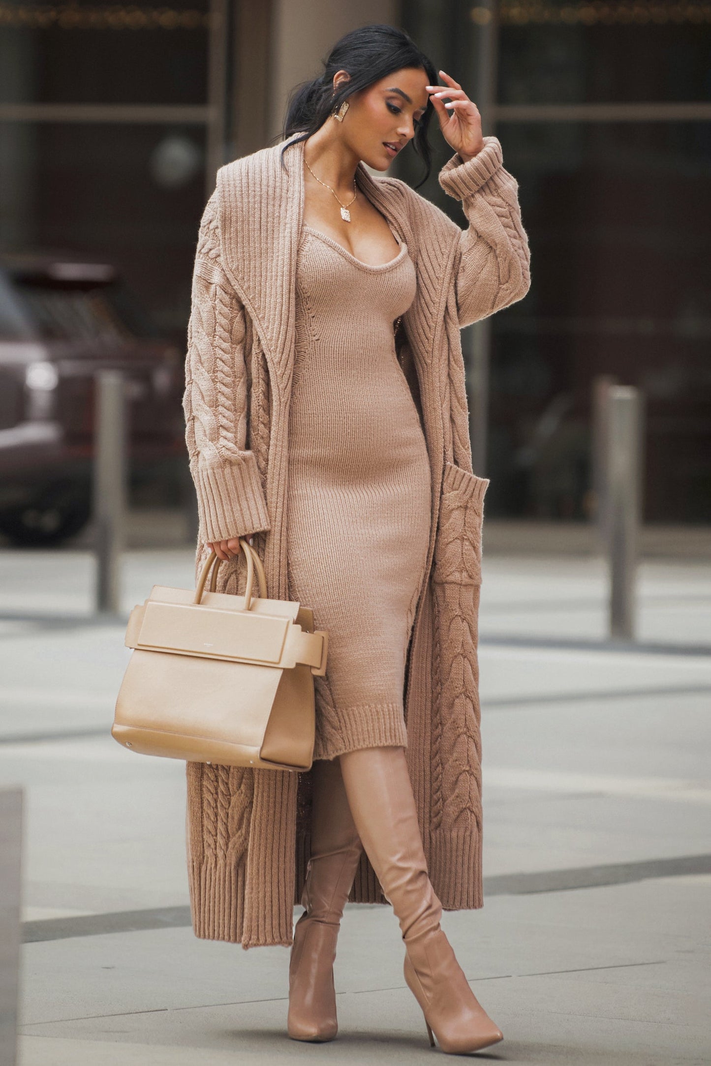 Beige Daria Sweater Knit Dress JLUXLABEL