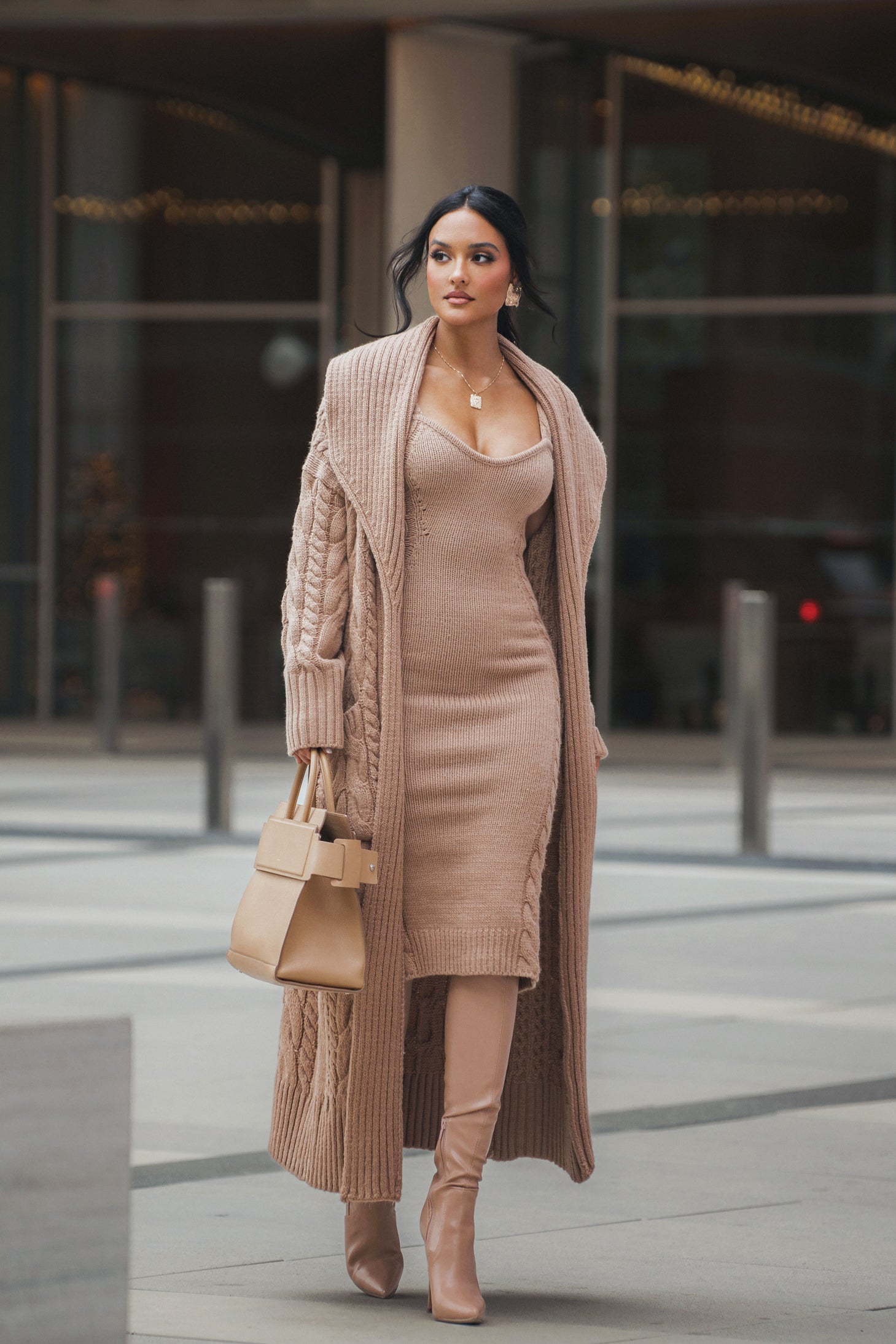 Beige Daria Sweater Knit Dress JLUXLABEL