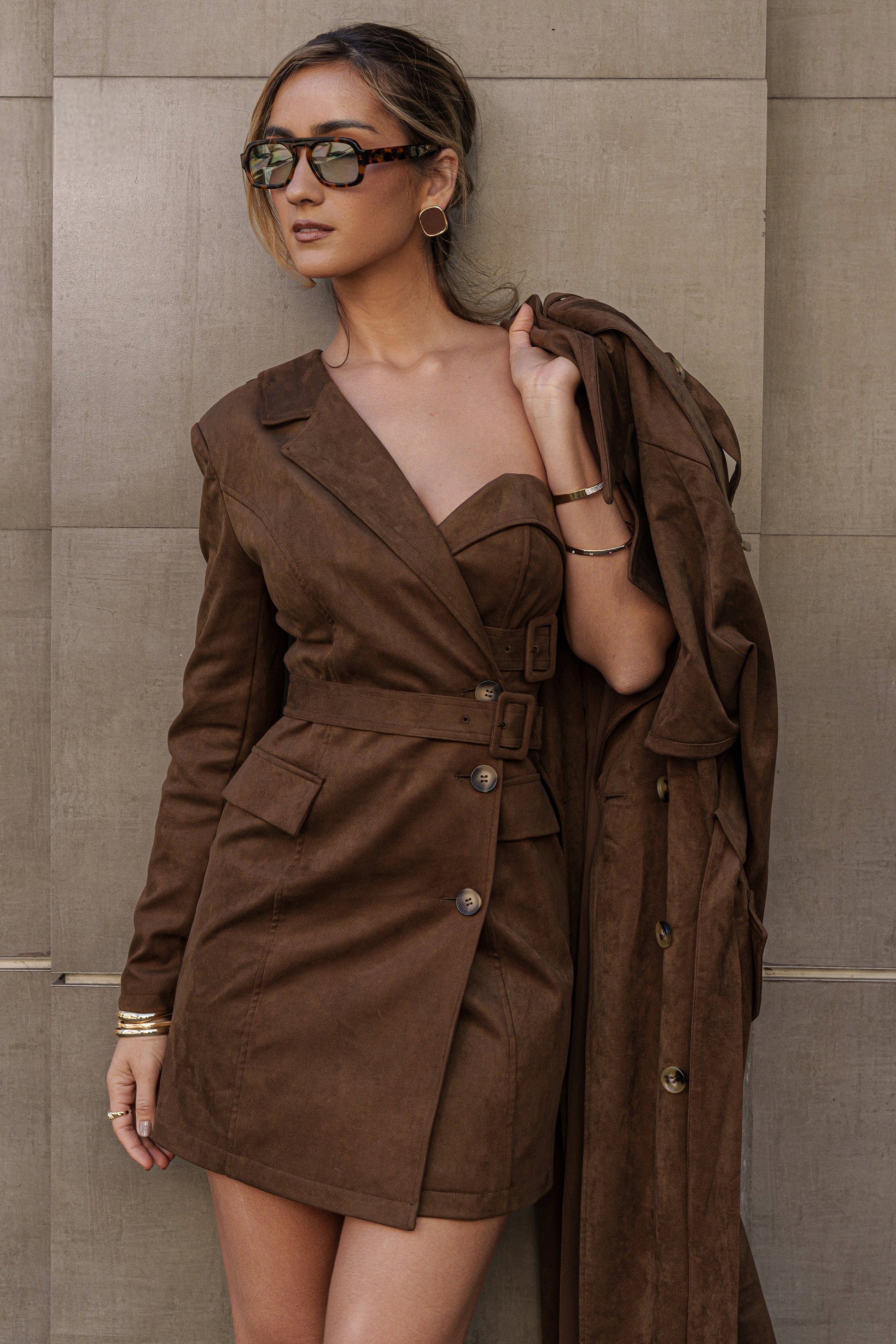 Chocolate One Shoulder Suede Blazer Dress JLUXLABEL