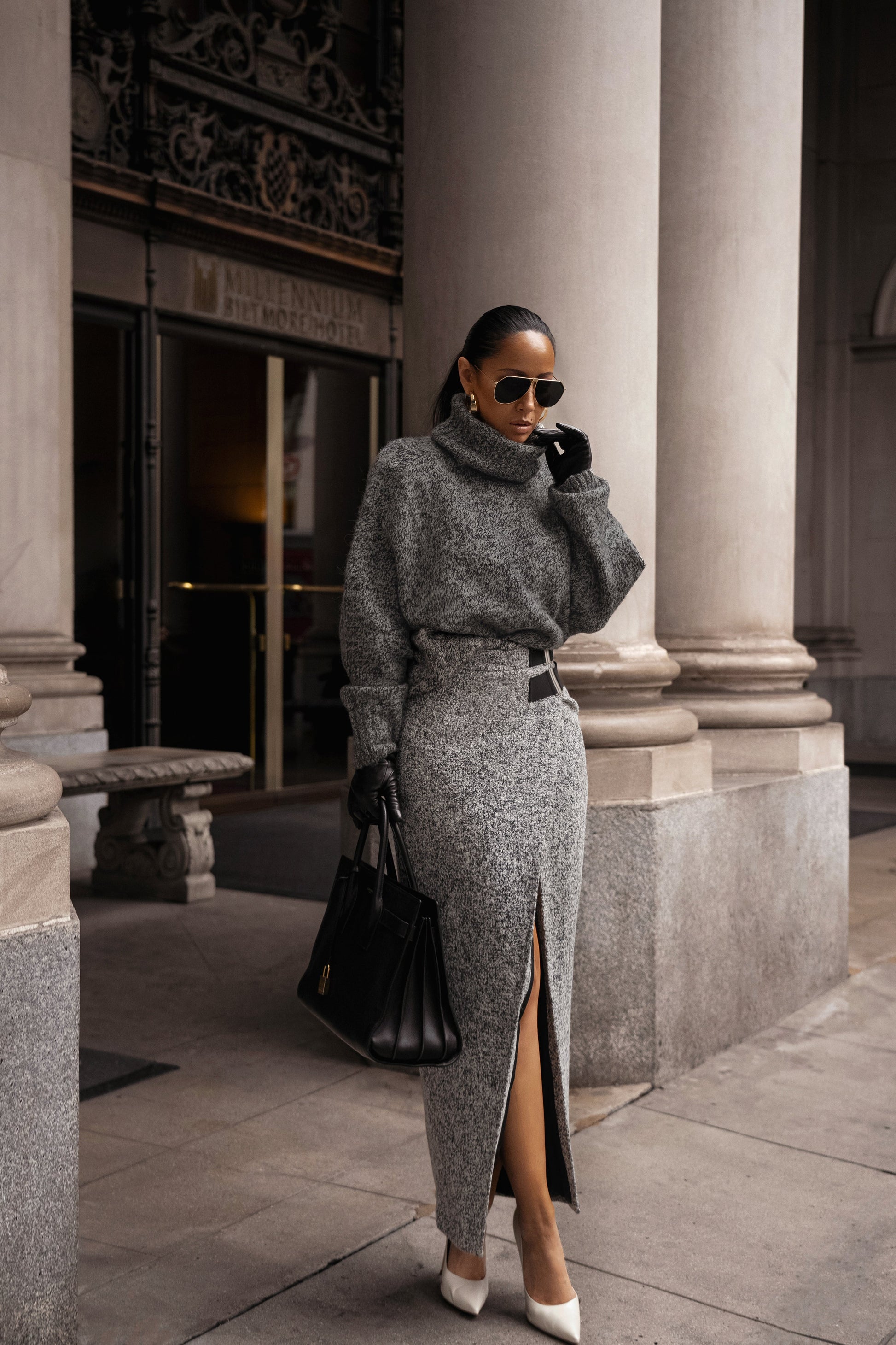 Lt. Grey Gisele Tweed Slit Skirt JLUXLABEL