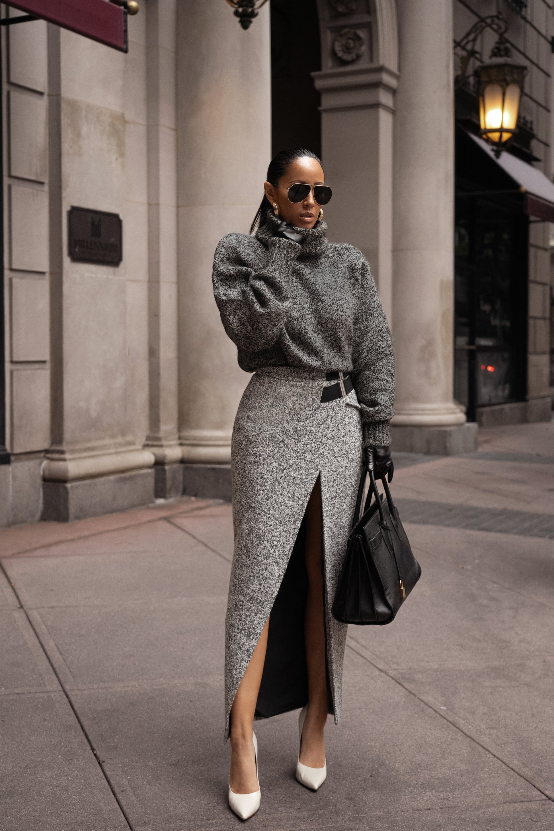 Lt. Grey Gisele Tweed Slit Skirt JLUXLABEL