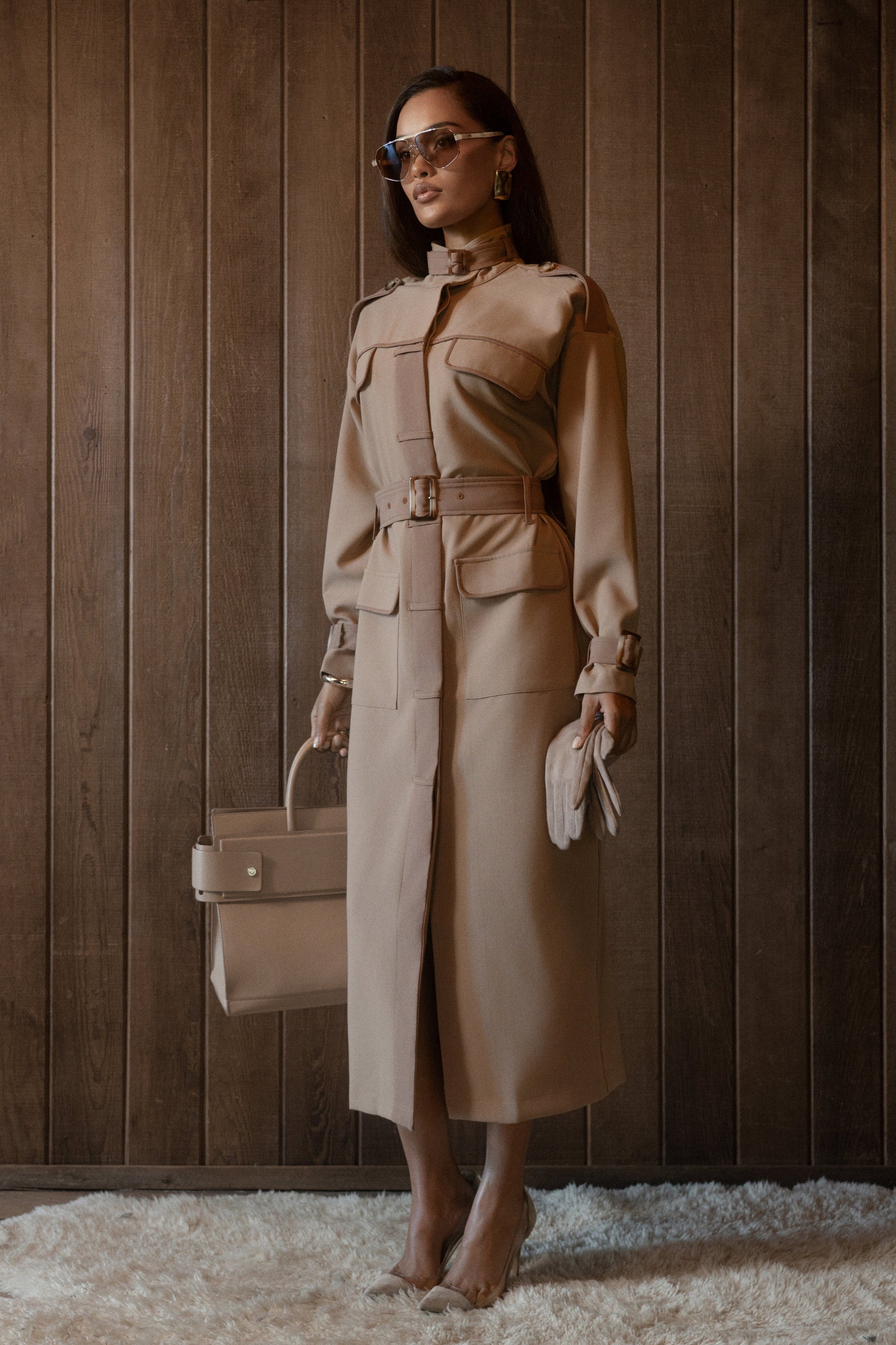 Beige Icon Belted Midi Dress JLUXLABEL
