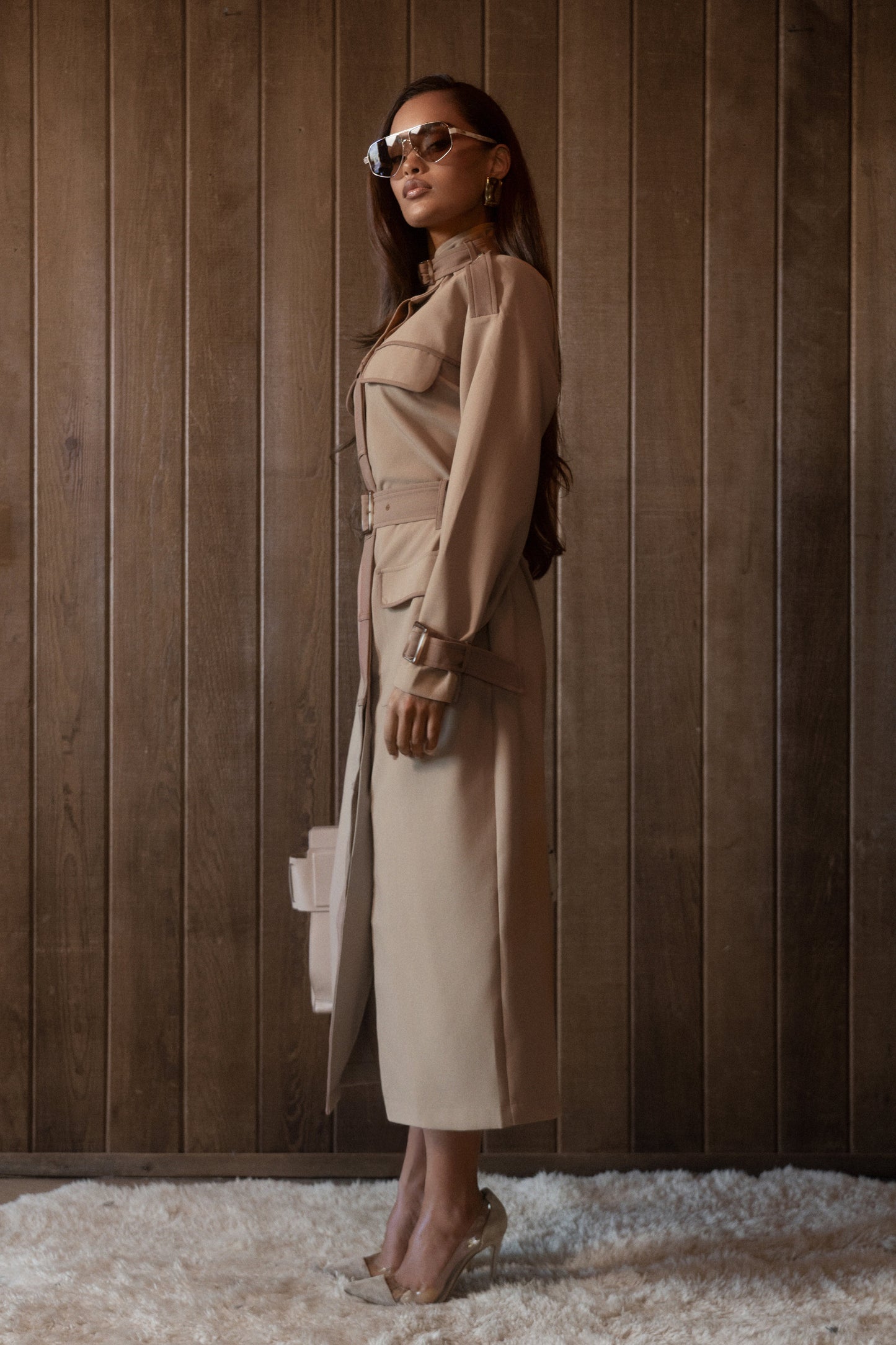Beige Icon Belted Midi Dress JLUXLABEL