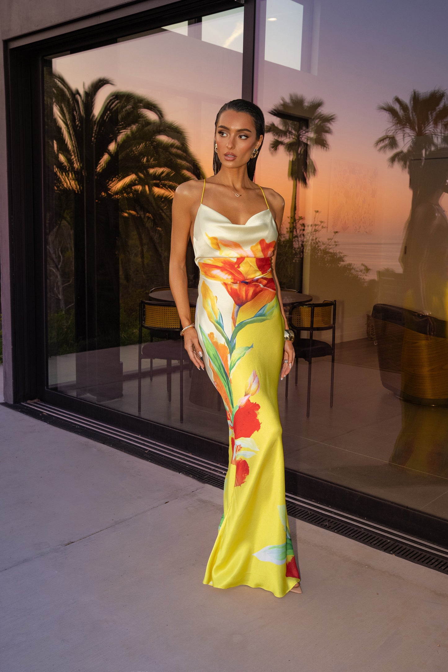 Yellow Satin Floral Print Maxi Dress NEWFASHIONEDGE