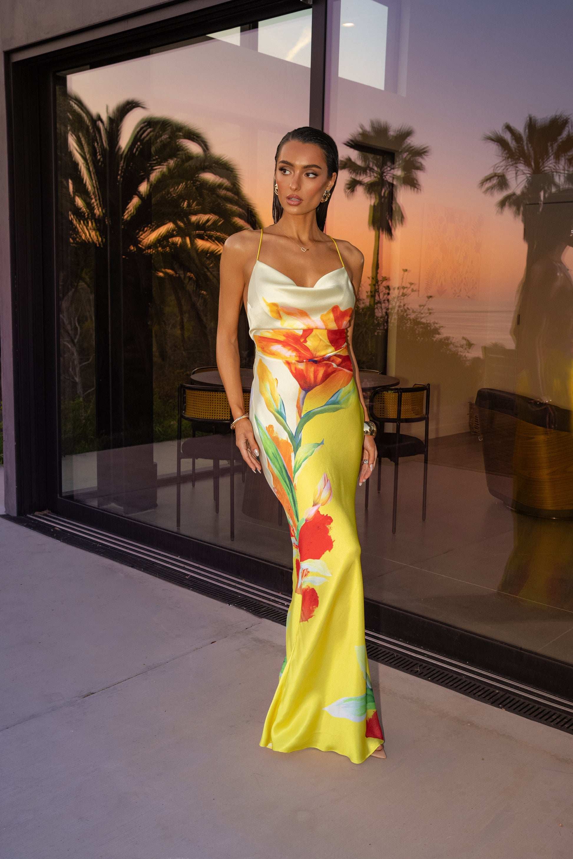 Yellow Satin Floral Print Maxi Dress NEWFASHIONEDGE