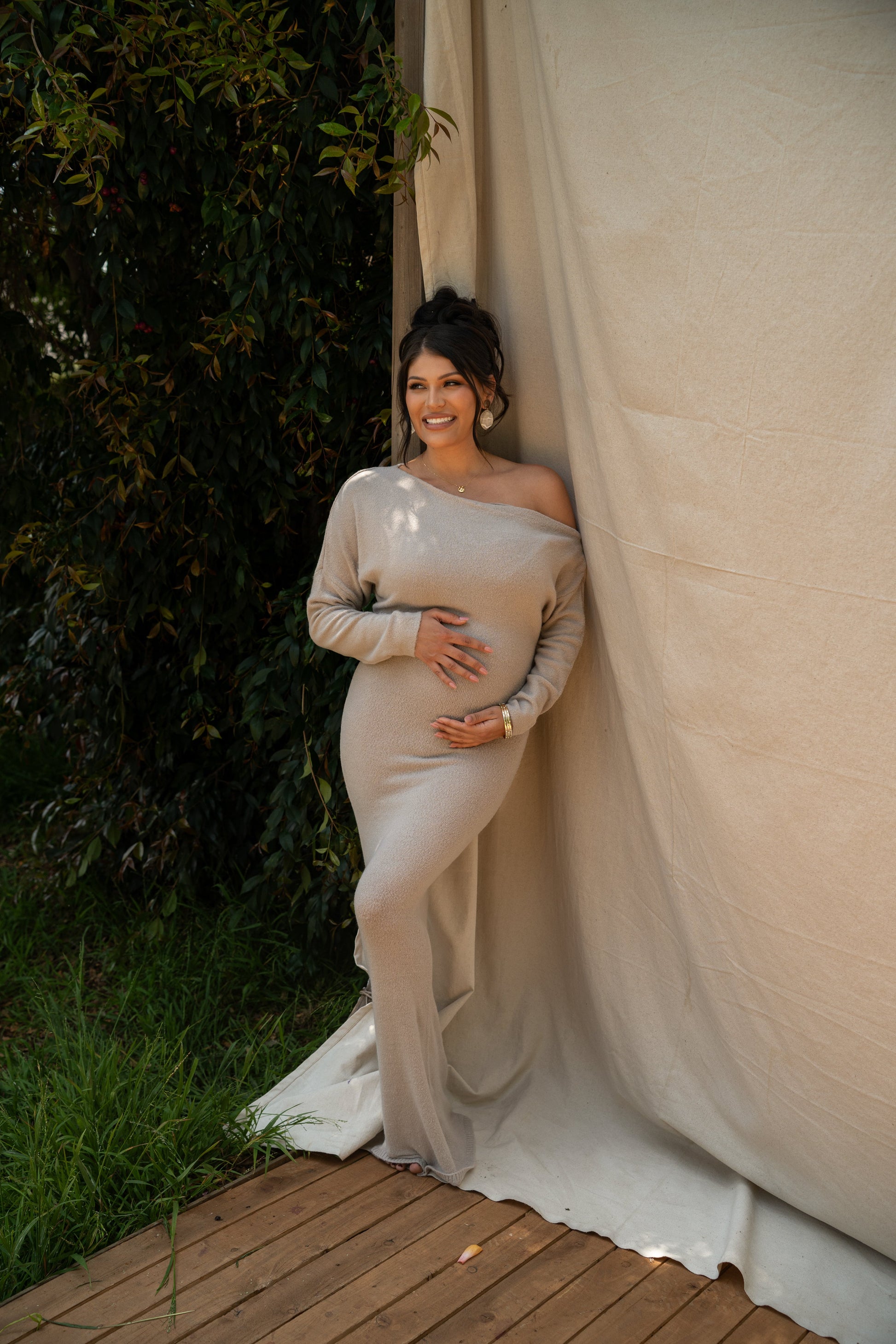 Beige Maddux Asymmetrical Maxi Dress JLUXLABEL