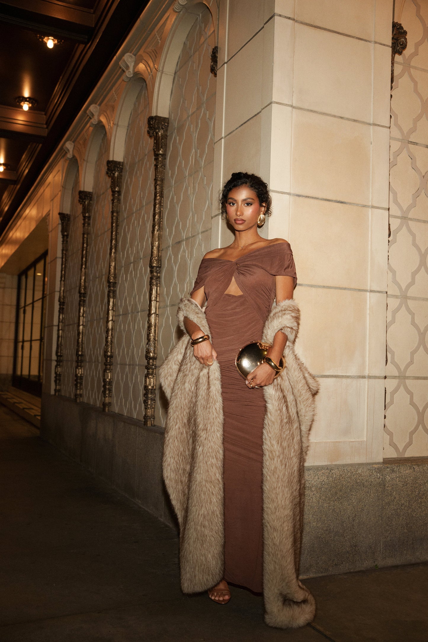 Chocolate Alessandra Off Shoulder Maxi Dress JLUXLABEL