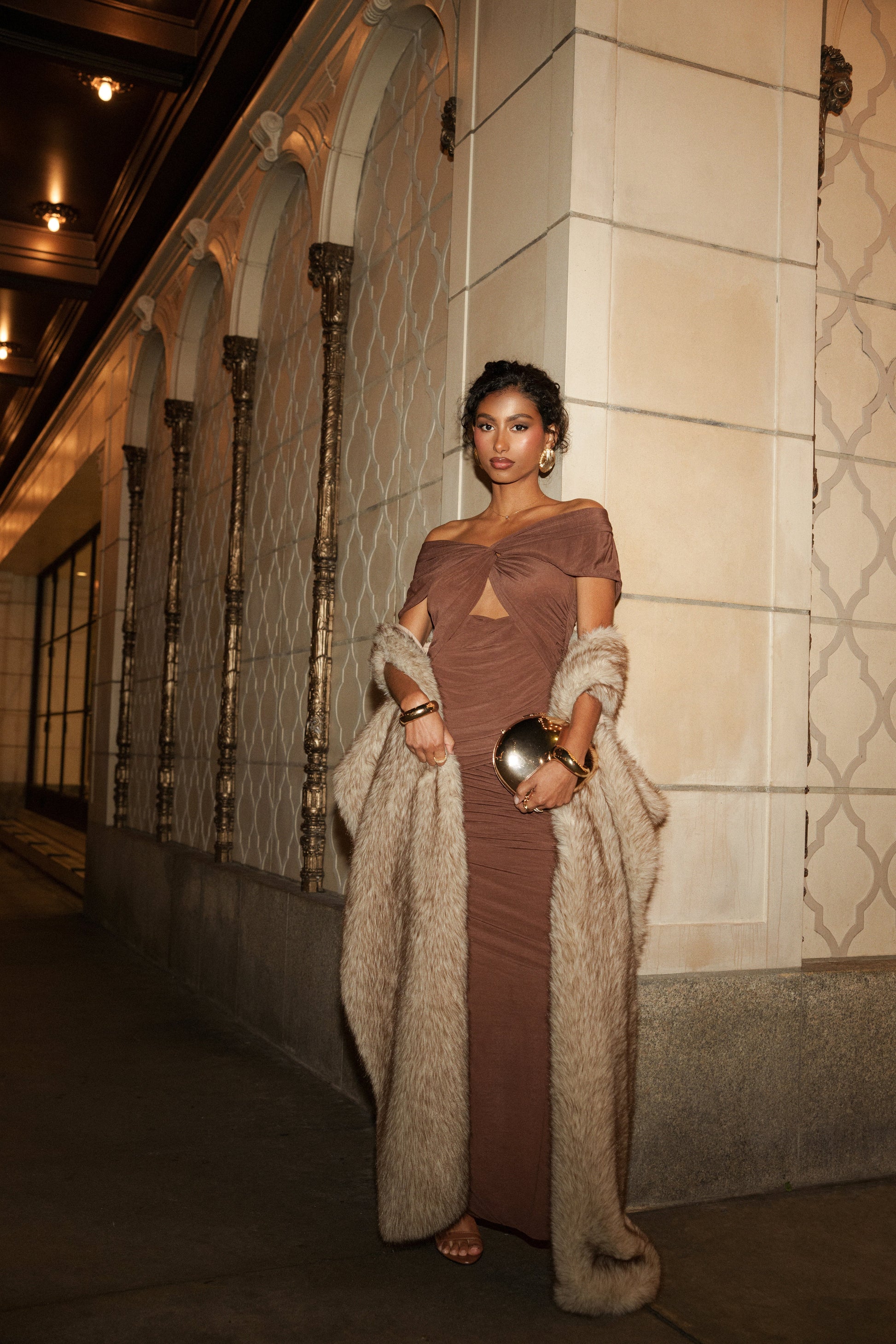 Chocolate Alessandra Off Shoulder Maxi Dress JLUXLABEL