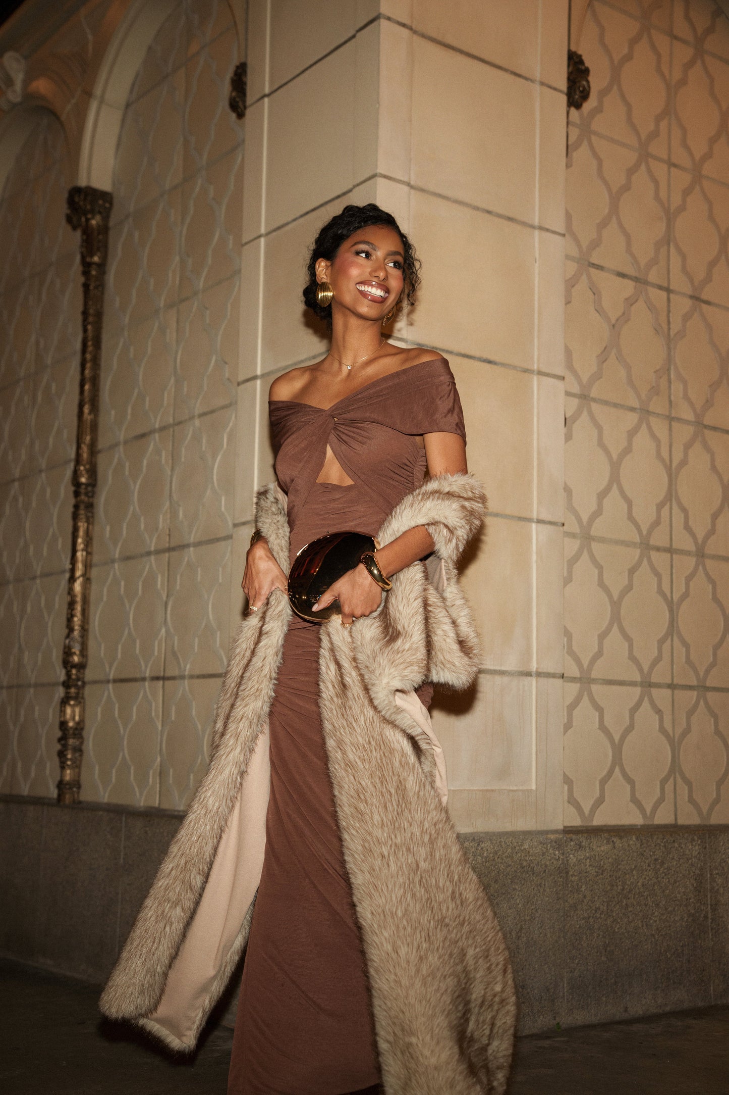 Chocolate Alessandra Off Shoulder Maxi Dress JLUXLABEL