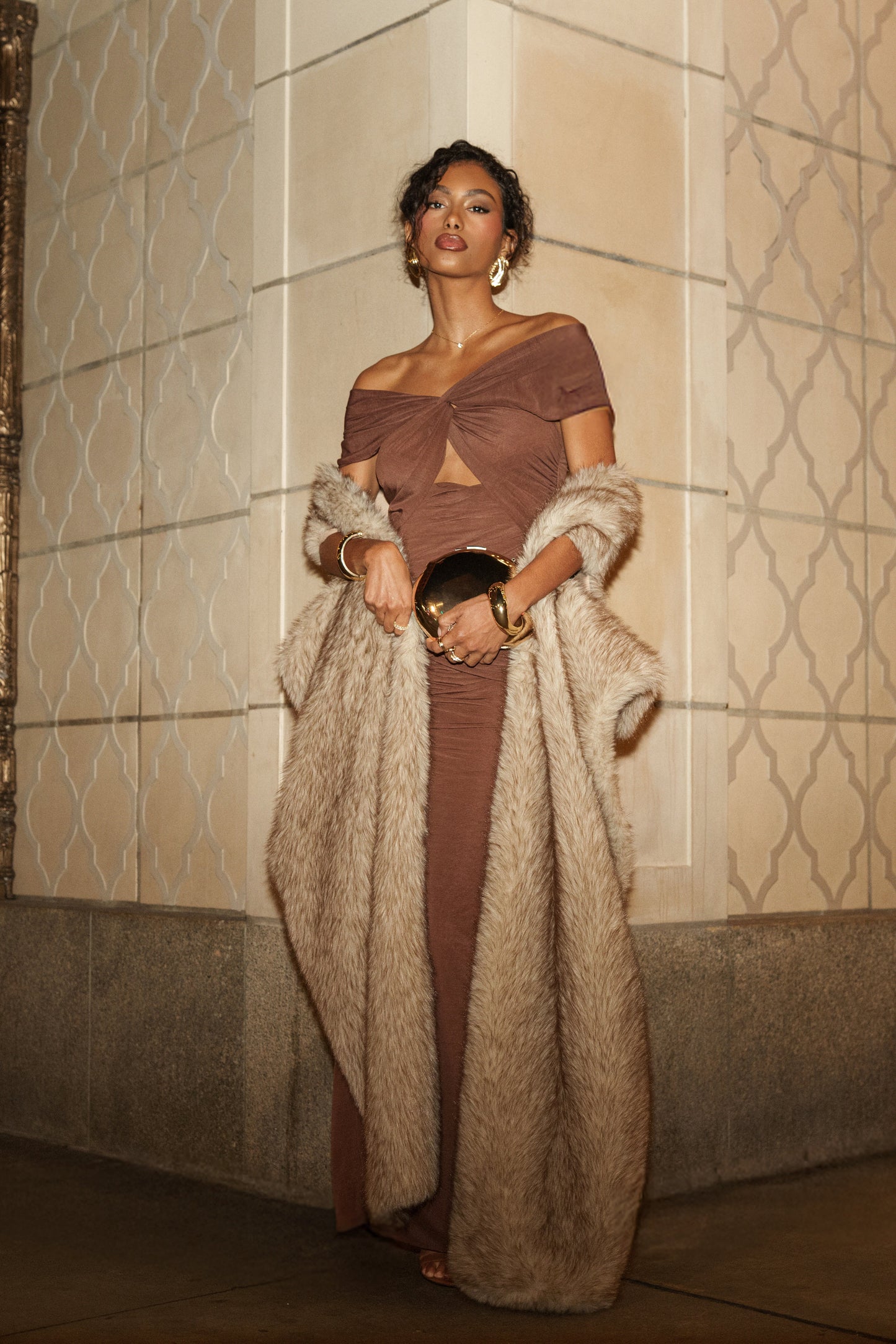 Chocolate Alessandra Off Shoulder Maxi Dress JLUXLABEL