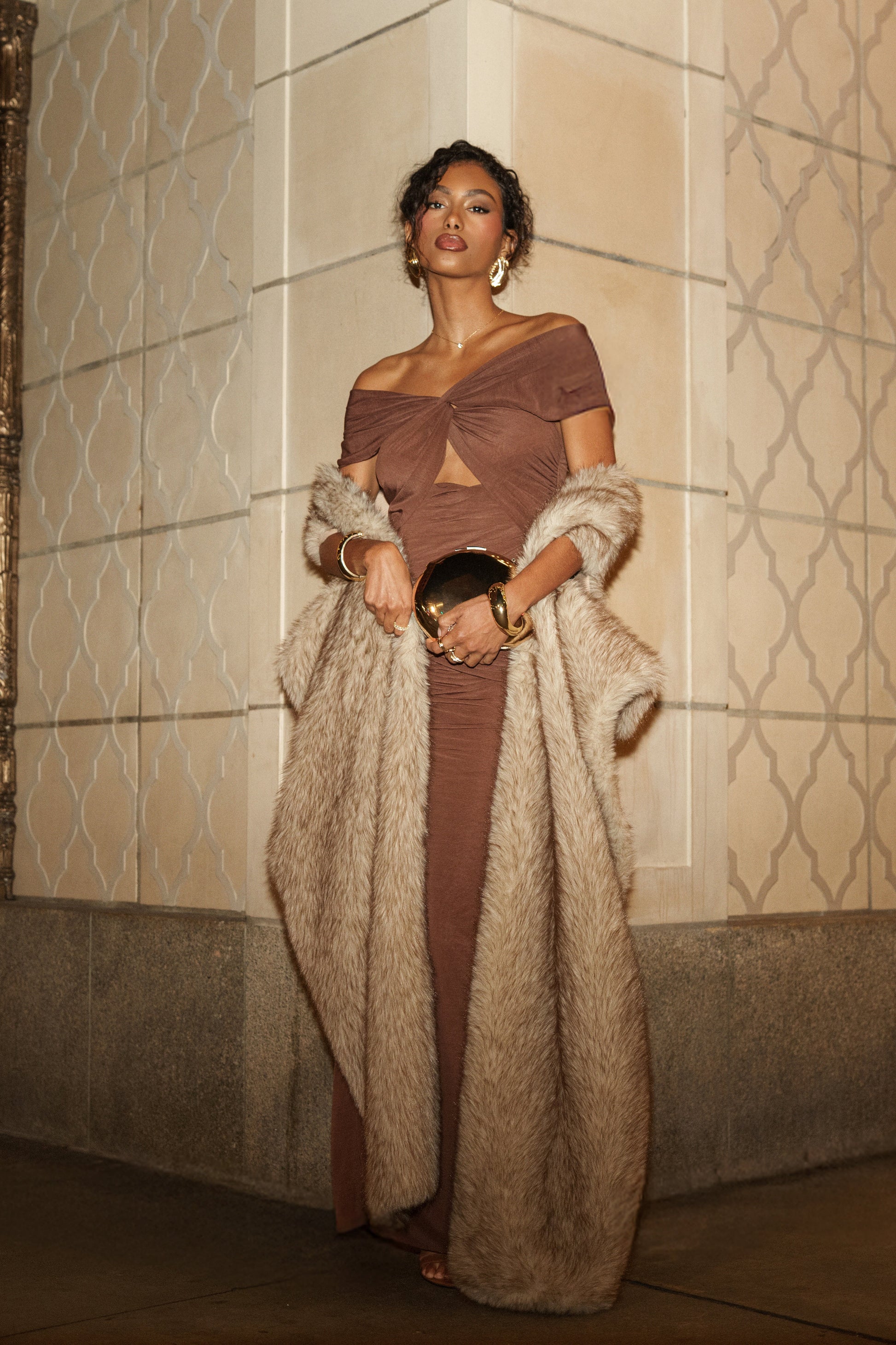 Chocolate Alessandra Off Shoulder Maxi Dress JLUXLABEL