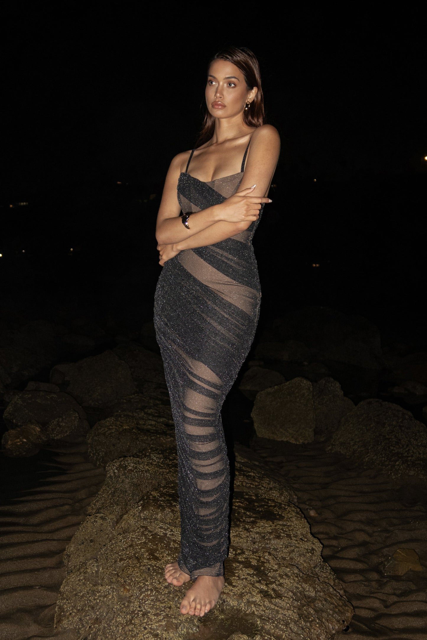 Black Catalina Lurex Knit Maxi Dress JLUXLABEL