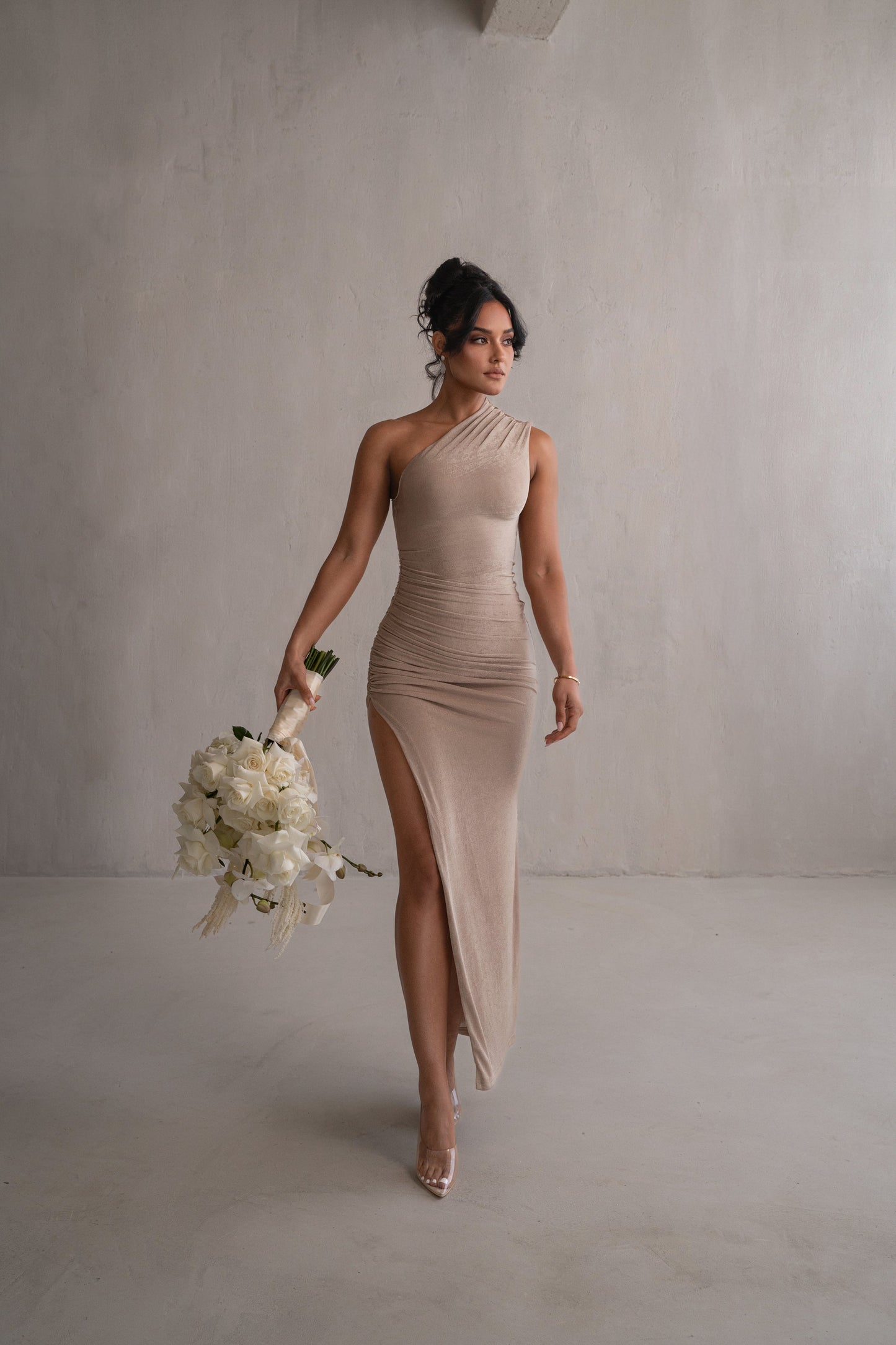 Taupe Contrast Eden One Shoulder Maxi Dress JLUXLABEL