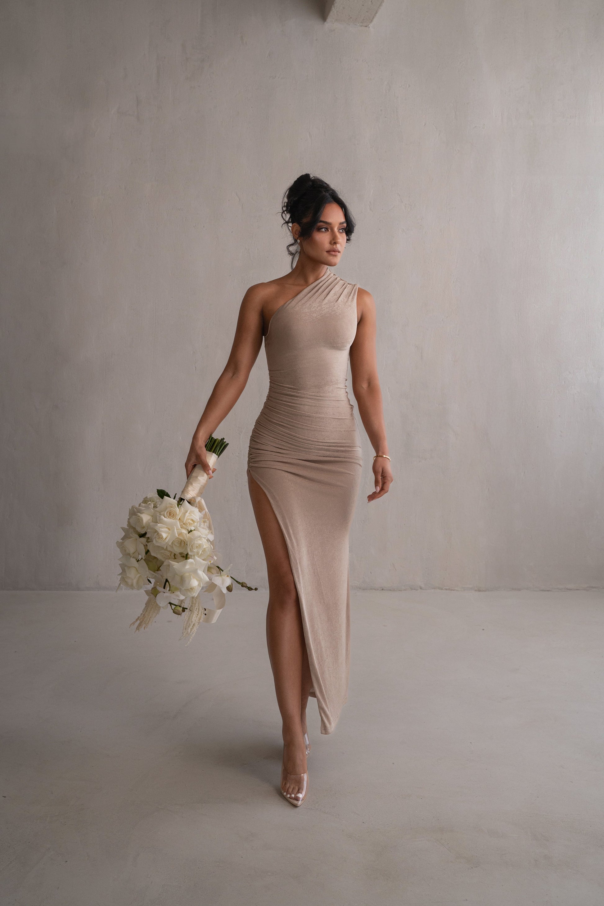 Taupe Contrast Eden One Shoulder Maxi Dress JLUXLABEL