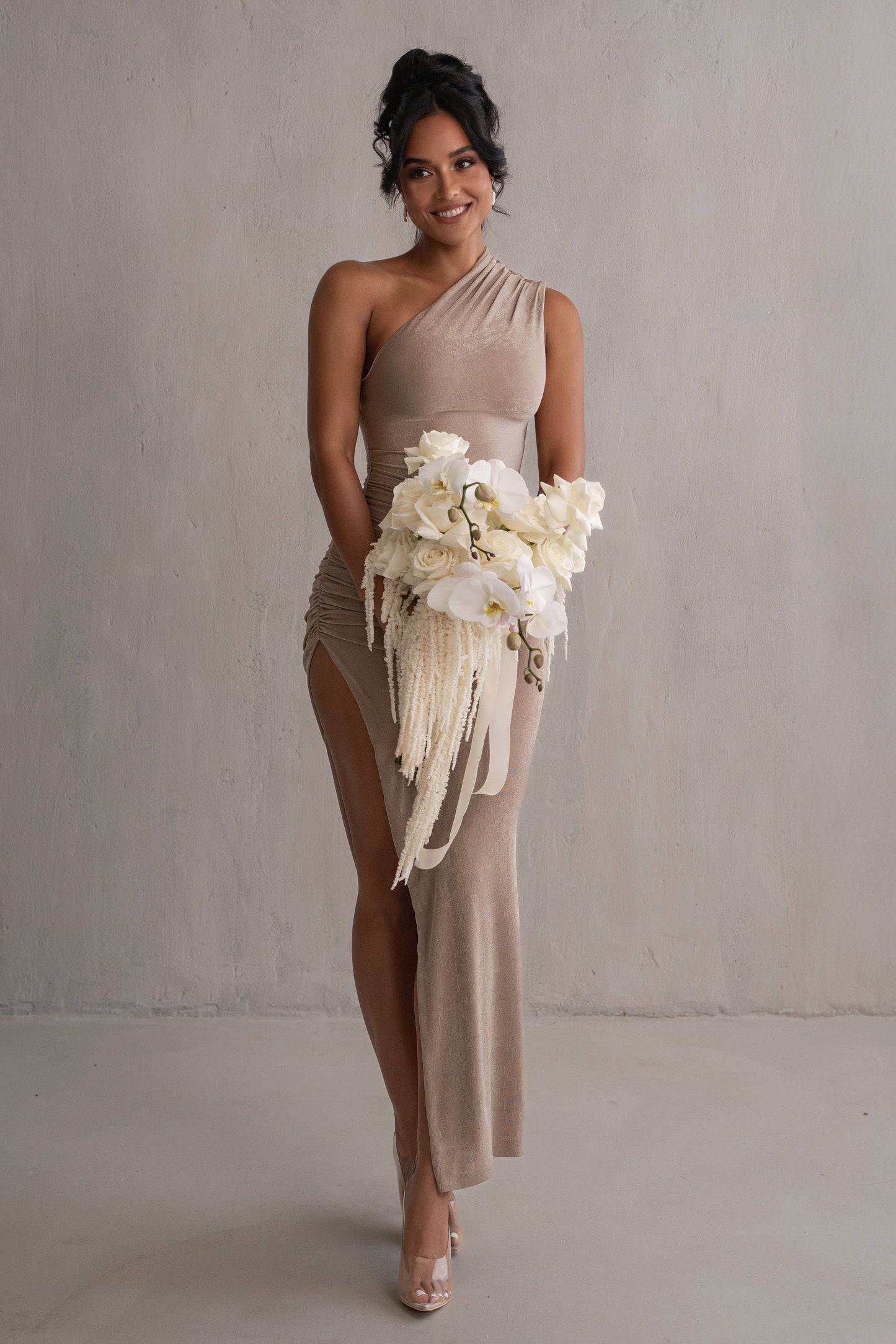 Taupe Contrast Eden One Shoulder Maxi Dress JLUXLABEL