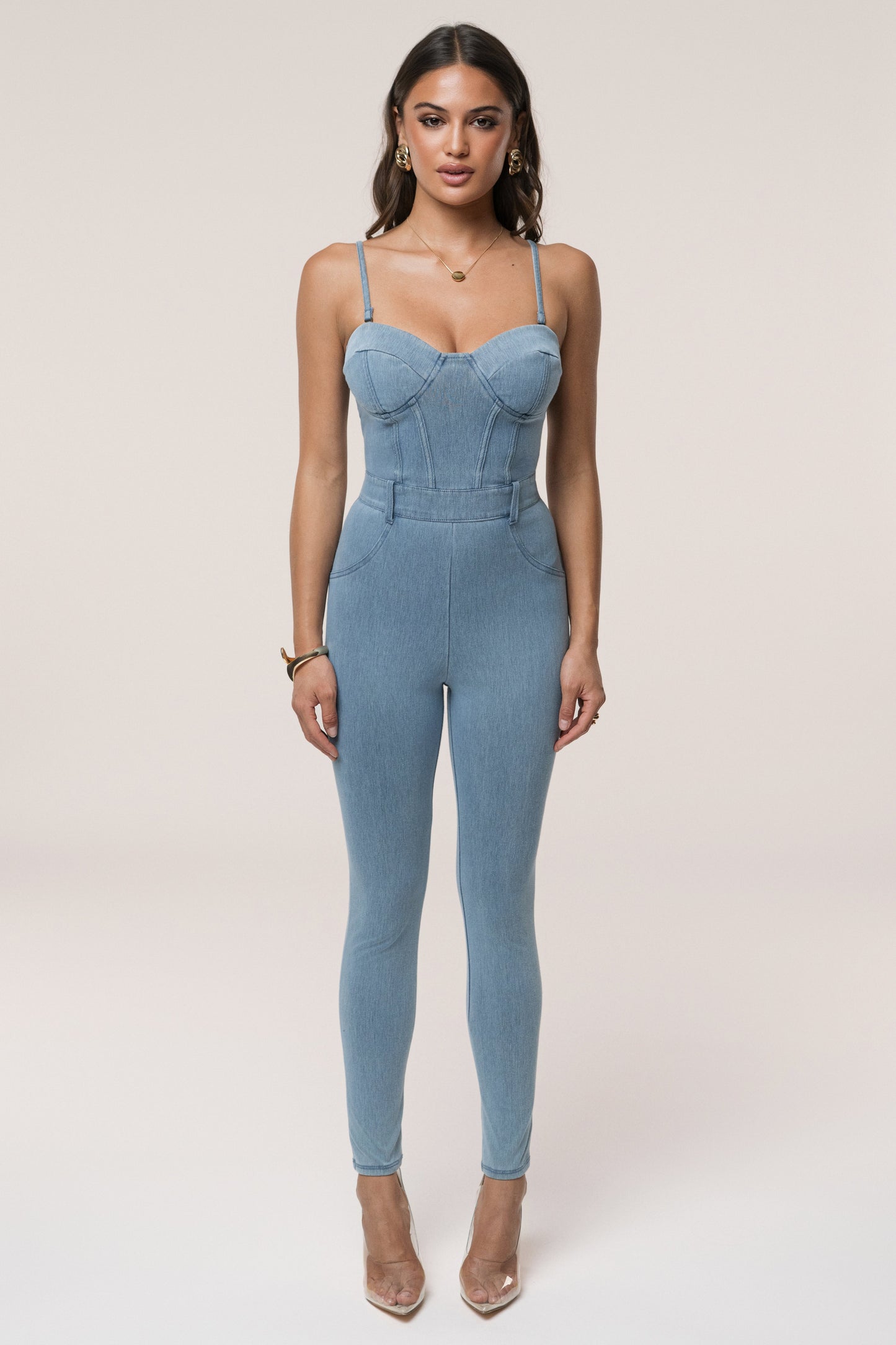Medium Wash Denim Diya Bustier Jumpsuit NEWFASHIONEDGE