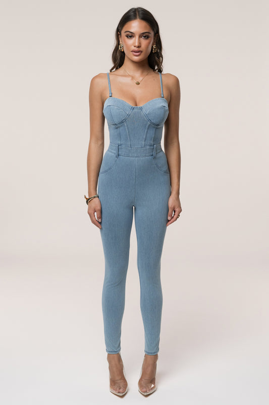 Medium Wash Denim Diya Bustier Jumpsuit NEWFASHIONEDGE
