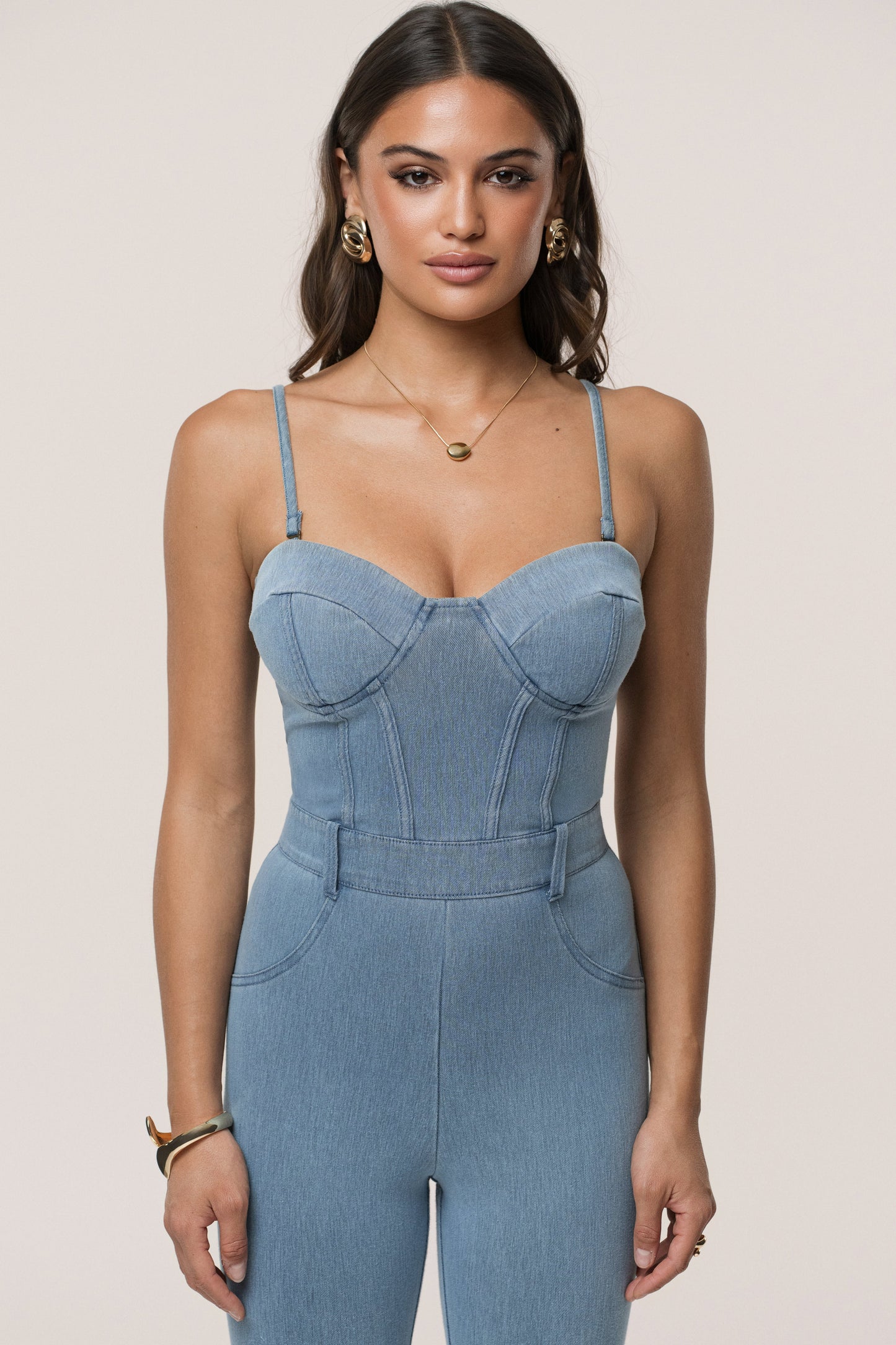 Medium Wash Denim Diya Bustier Jumpsuit NEWFASHIONEDGE