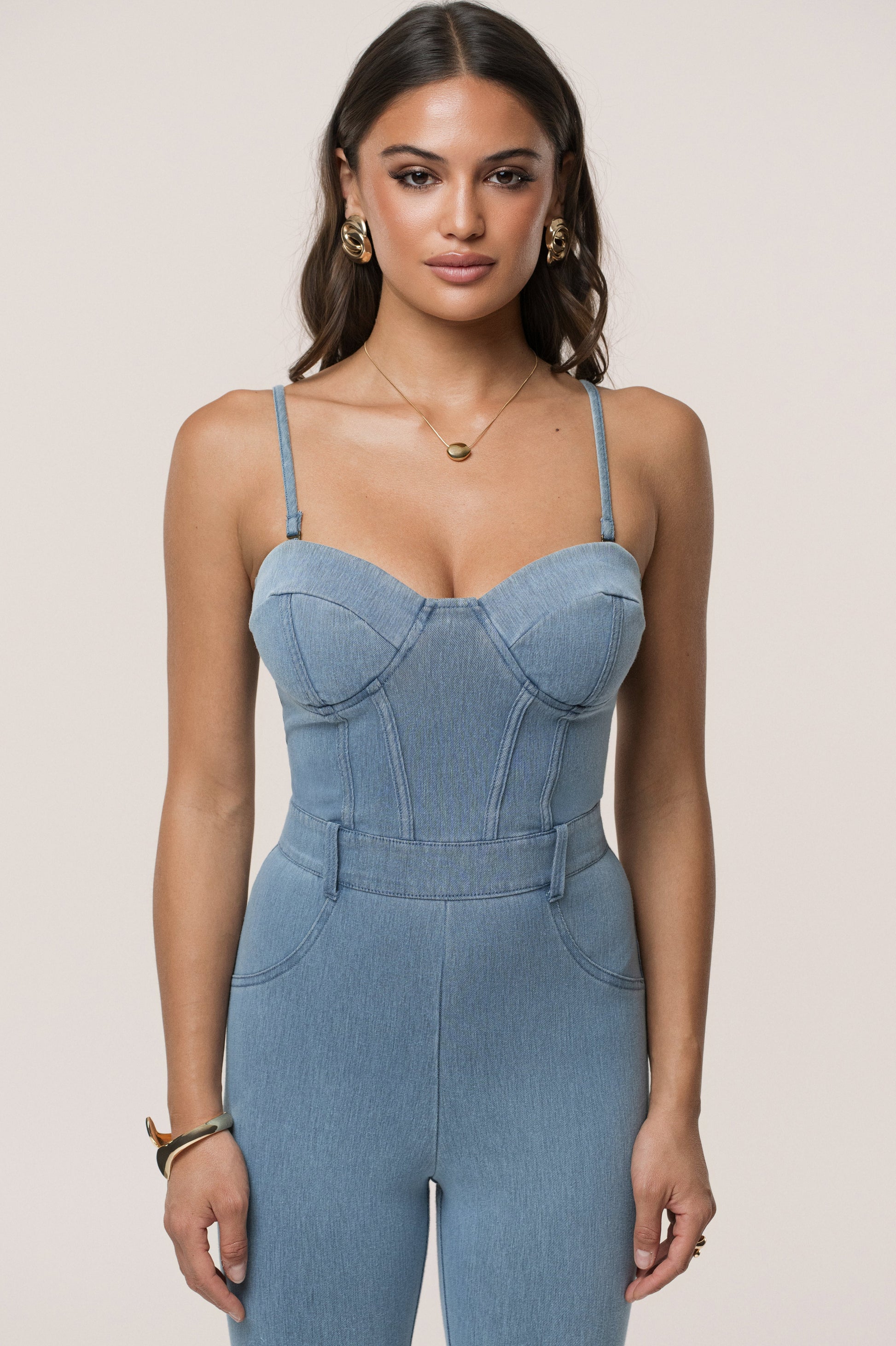 Medium Wash Denim Diya Bustier Jumpsuit NEWFASHIONEDGE