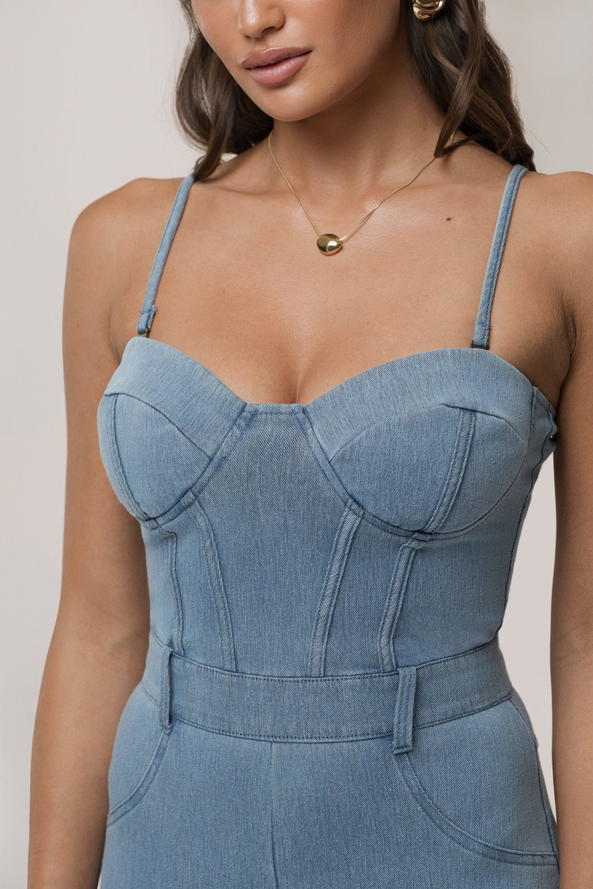 Medium Wash Denim Diya Bustier Jumpsuit NEWFASHIONEDGE