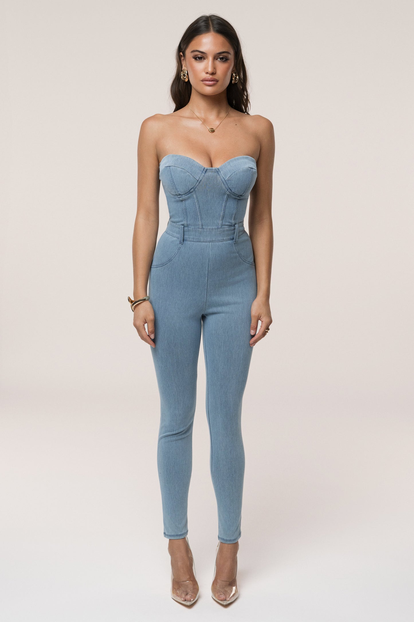 Medium Wash Denim Diya Bustier Jumpsuit NEWFASHIONEDGE