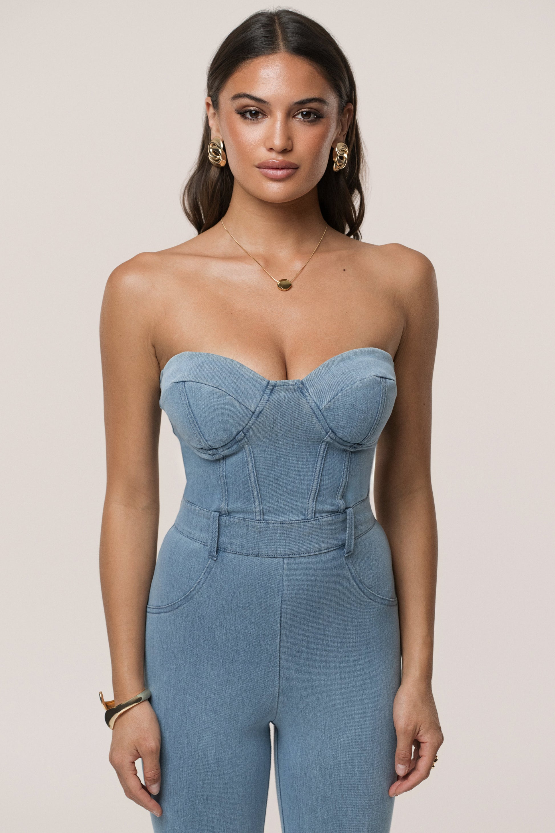 Medium Wash Denim Diya Bustier Jumpsuit NEWFASHIONEDGE