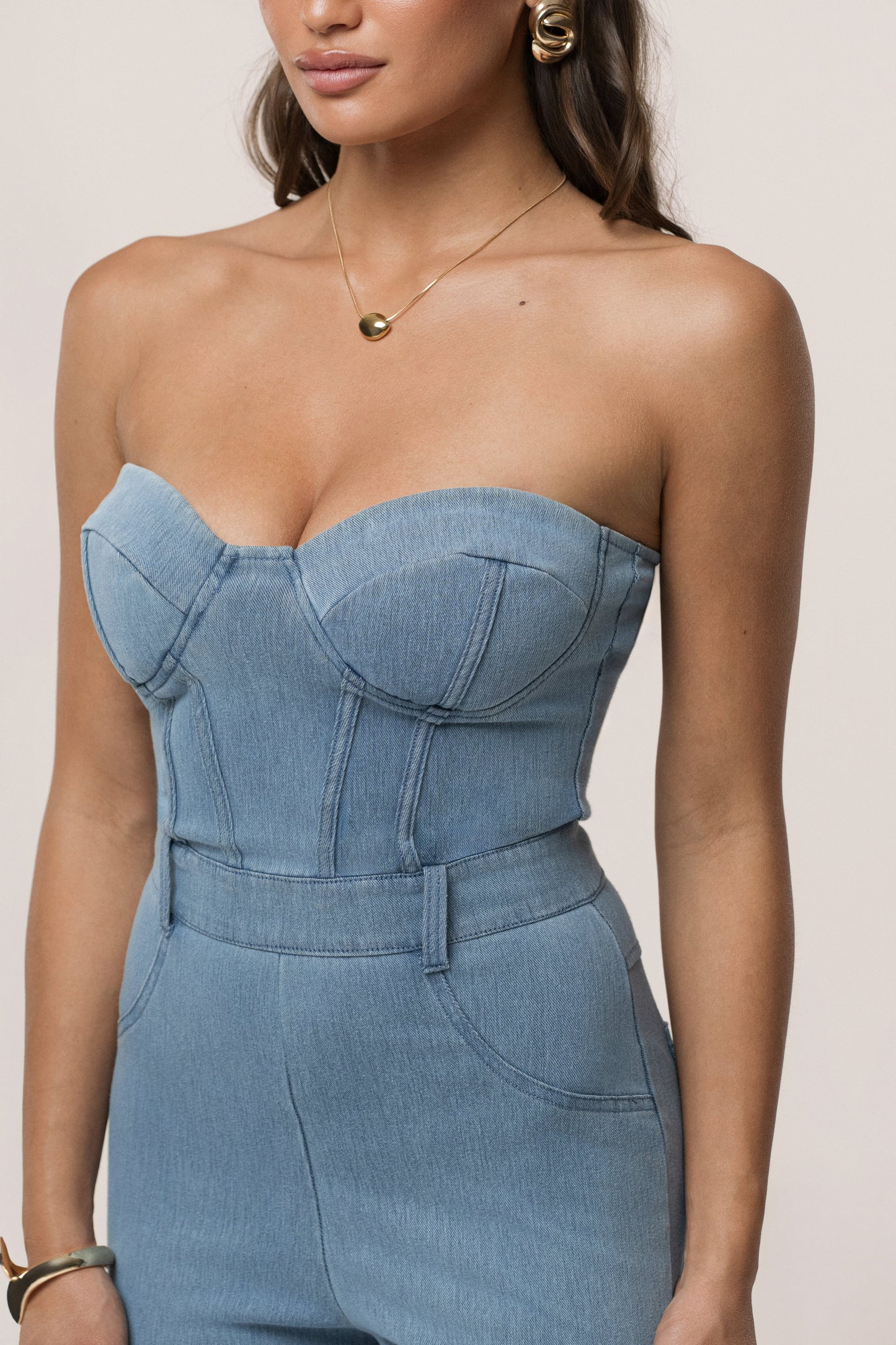 Medium Wash Denim Diya Bustier Jumpsuit NEWFASHIONEDGE