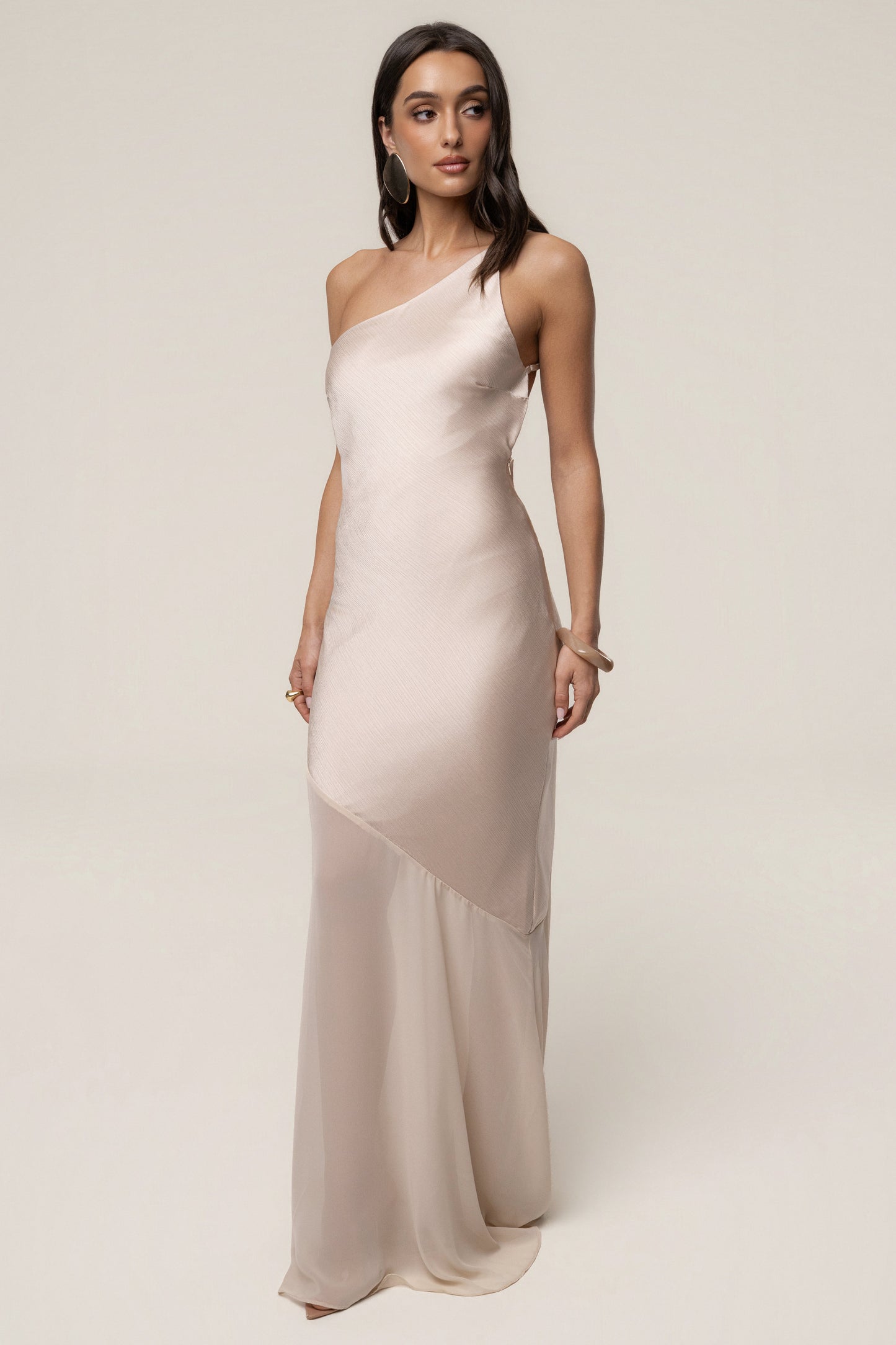 Champagne Olivia  One Shoulder Maxi Dress JLUXLABEL