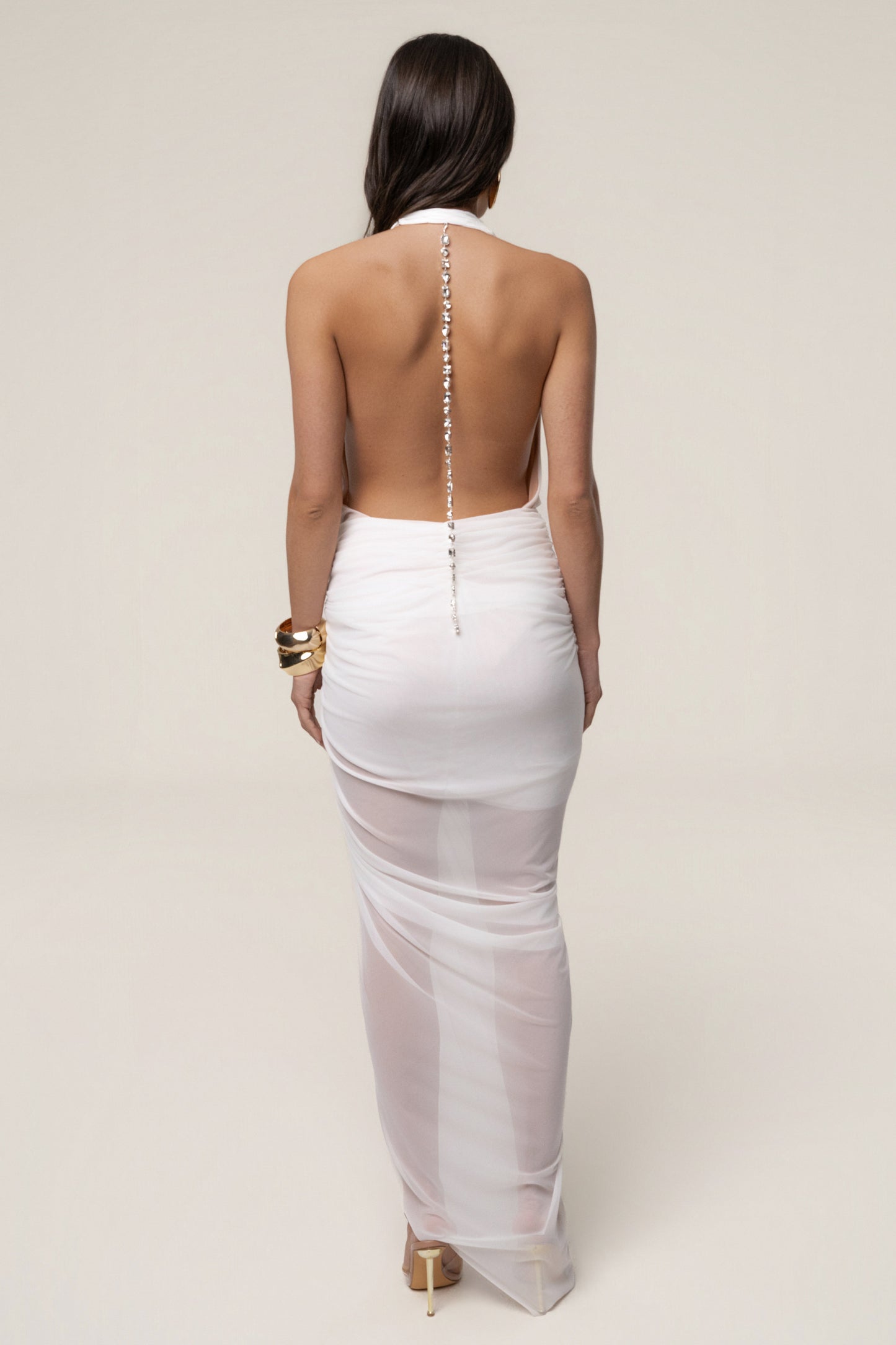 White Ariana Plunge Halter Dress JLUXLABEL