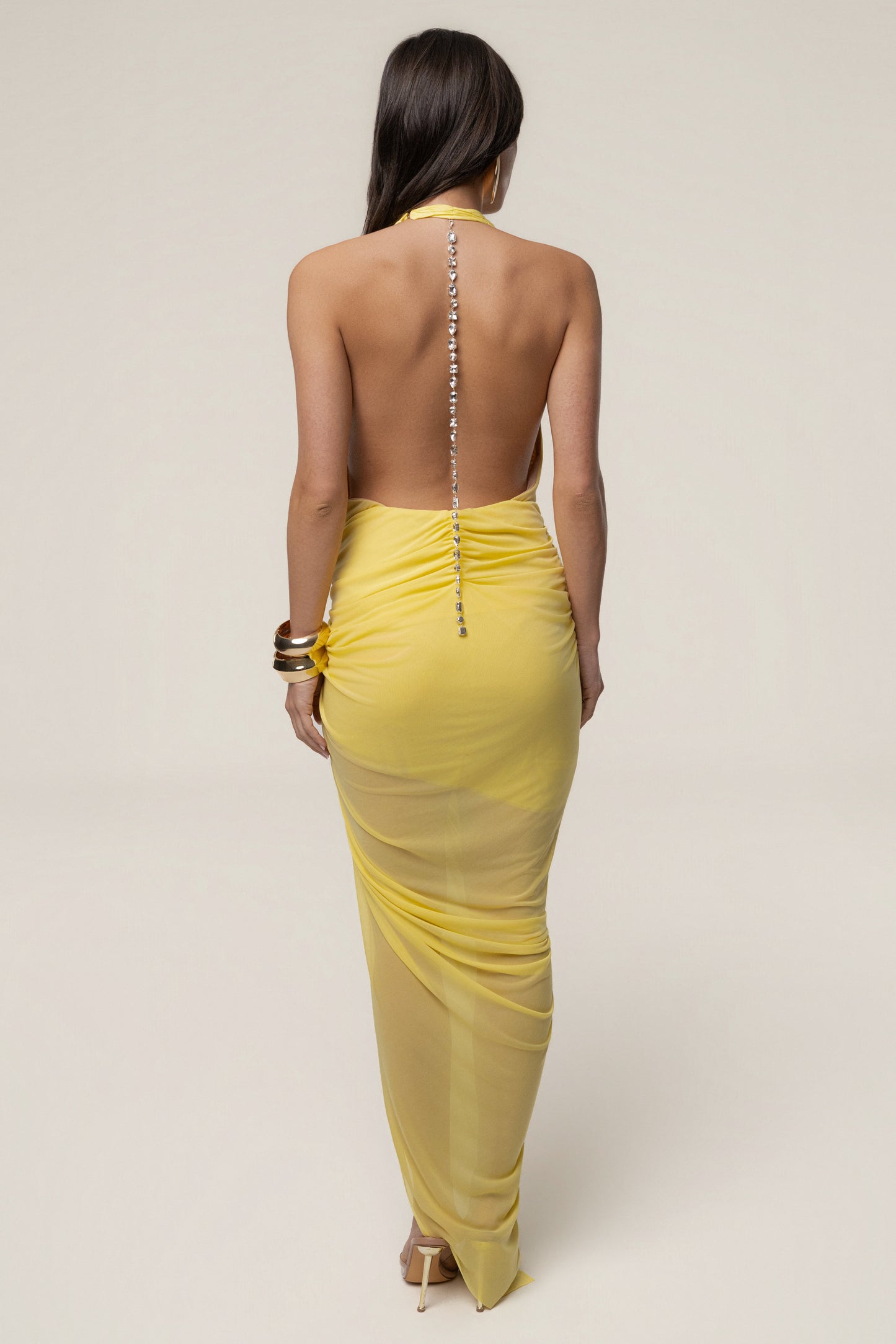 Yellow Ariana Plunge Halter Dress JLUXLABEL