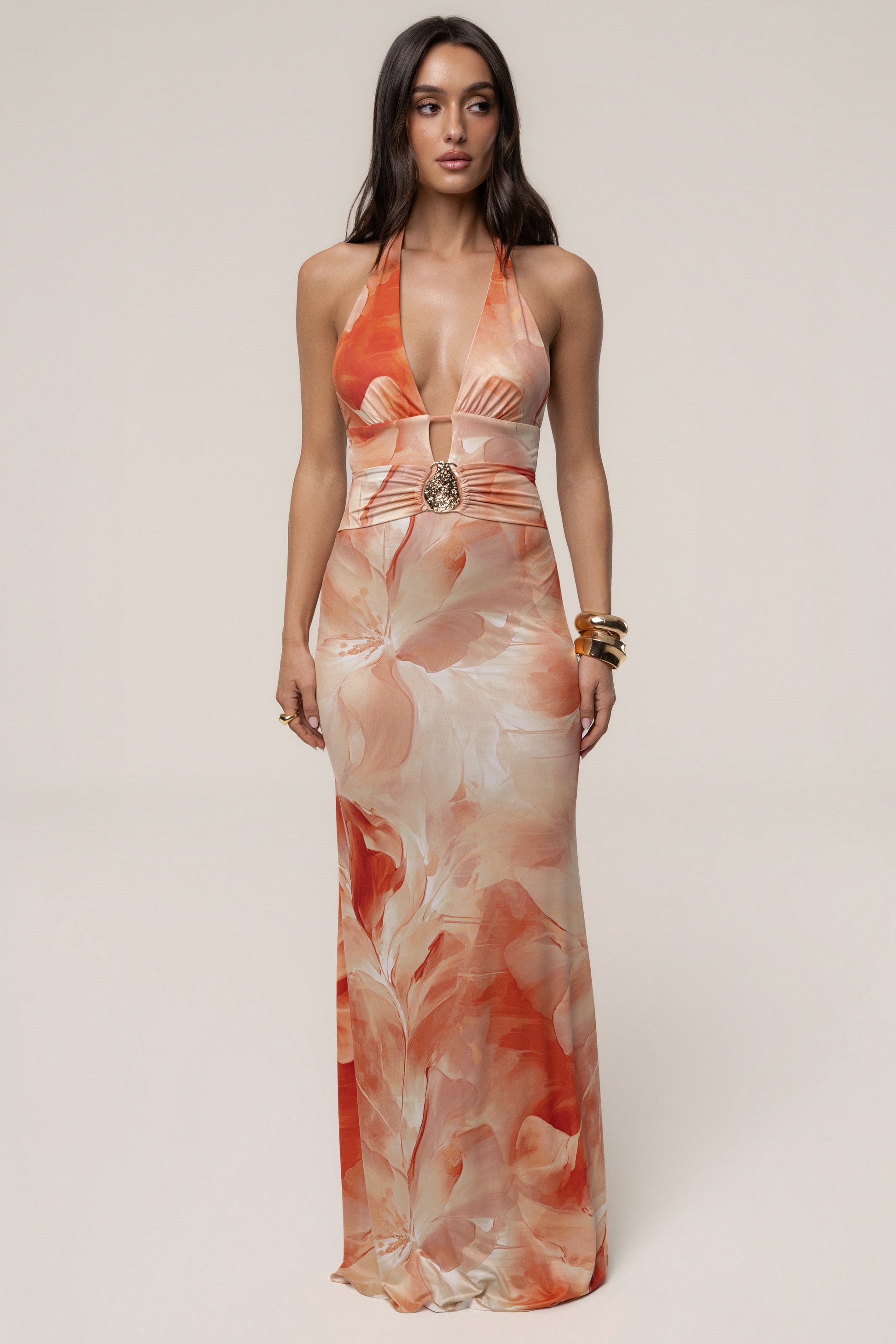 Orange Floral Blossom Print Maxi Dress JLUXLABEL