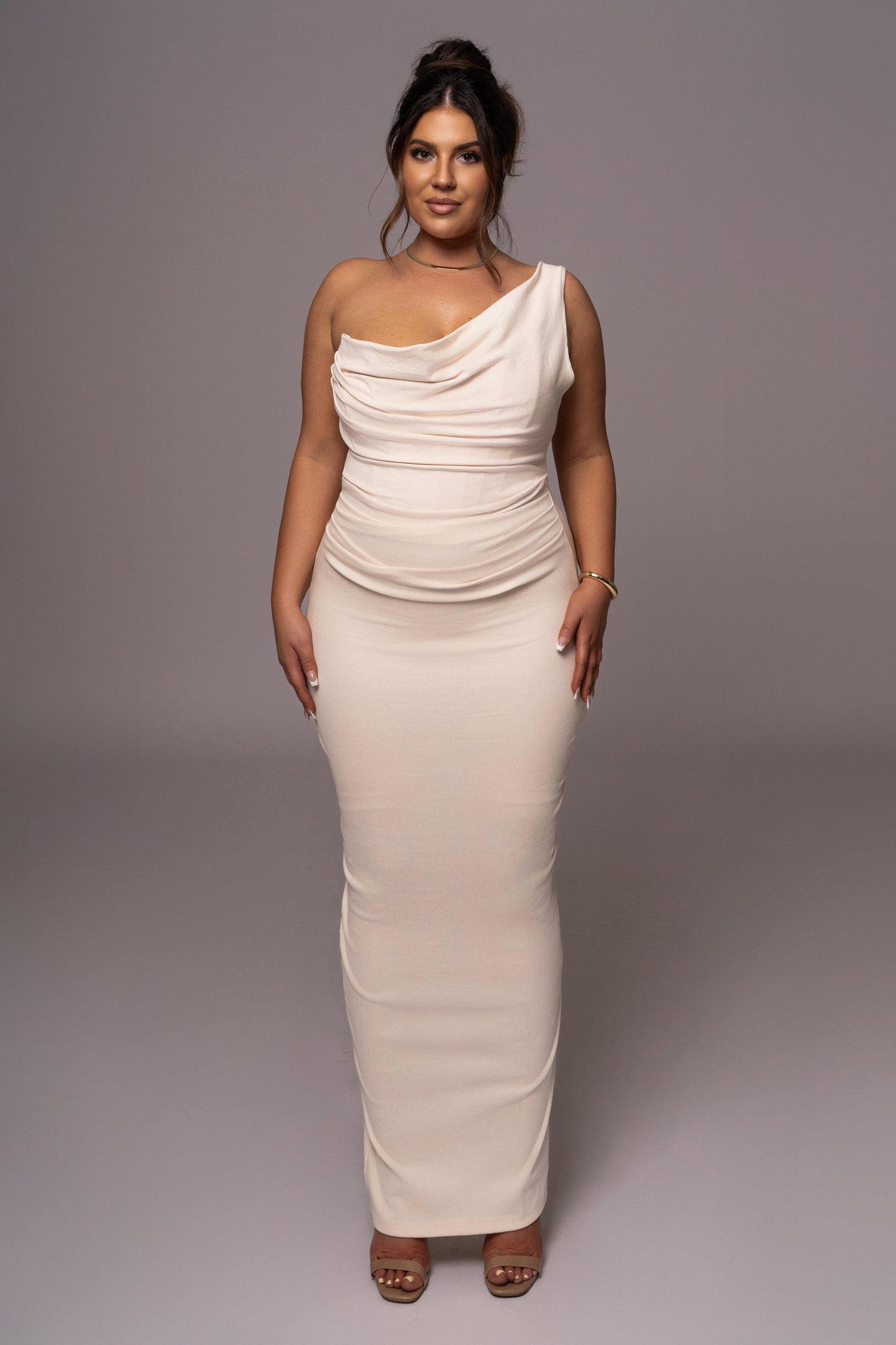 Buttercream Denim Krishna One Shoulder Maxi Dress JLUXLABEL