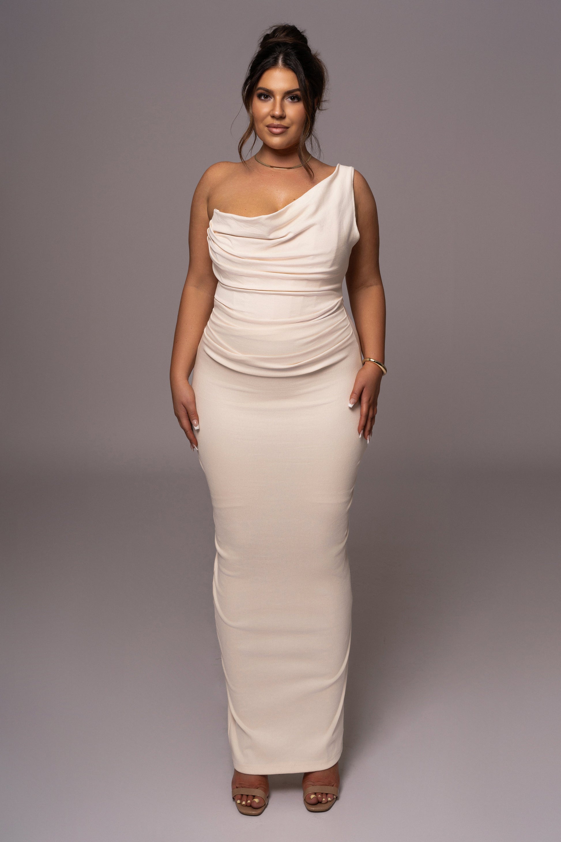 Buttercream Denim Krishna One Shoulder Maxi Dress JLUXLABEL