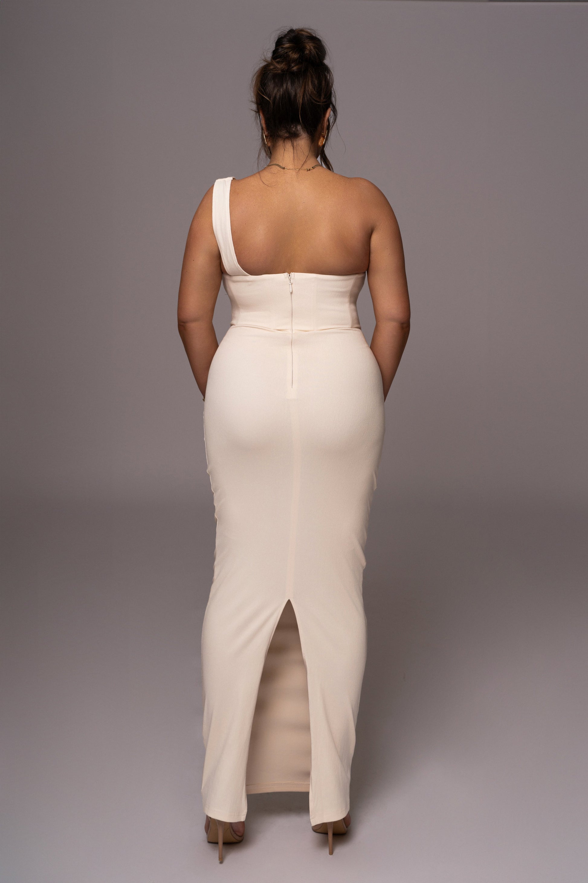 Buttercream Denim Krishna One Shoulder Maxi Dress JLUXLABEL
