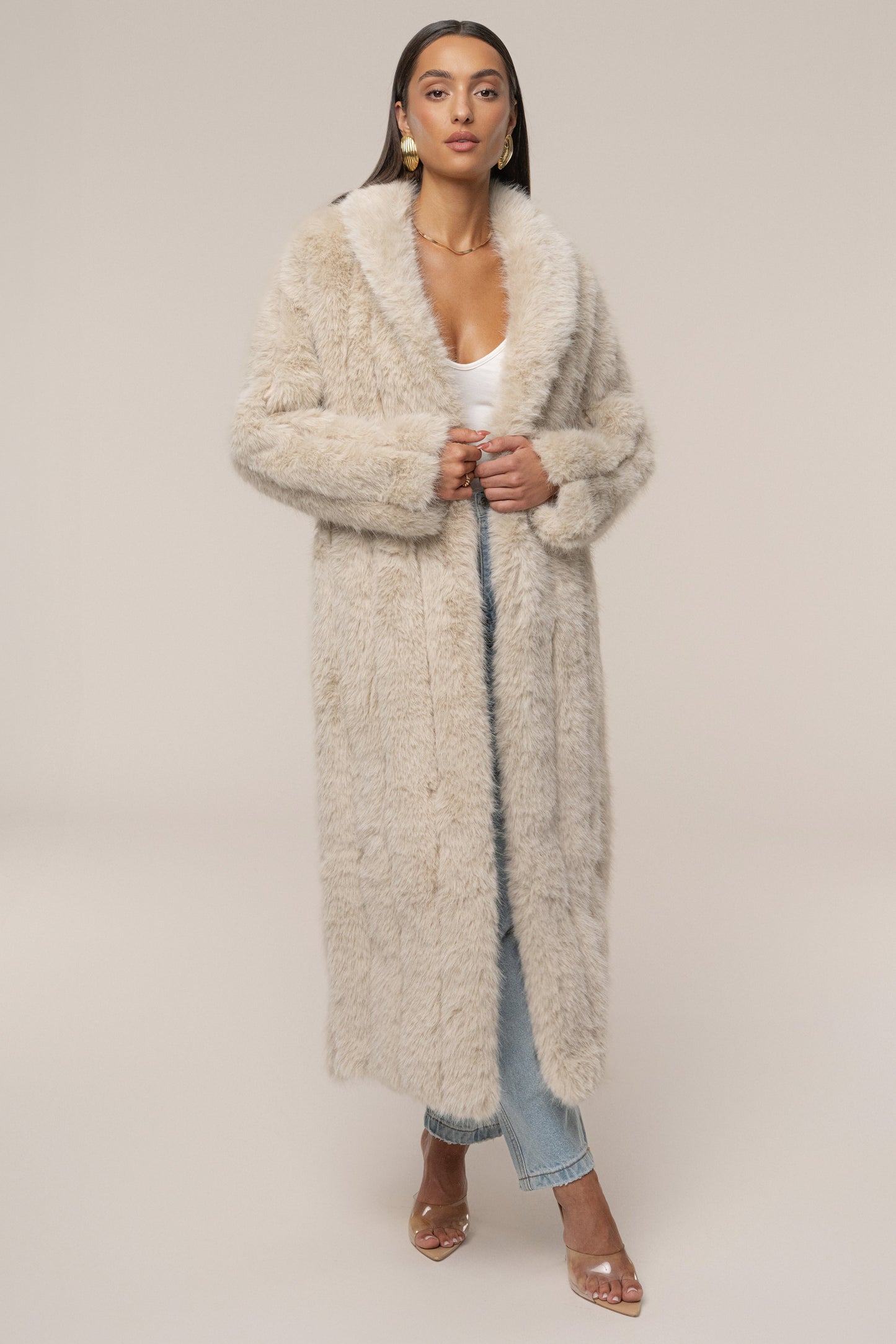 Beige Manhattan Faux Fur Coat NEWFASHIONEDGE
