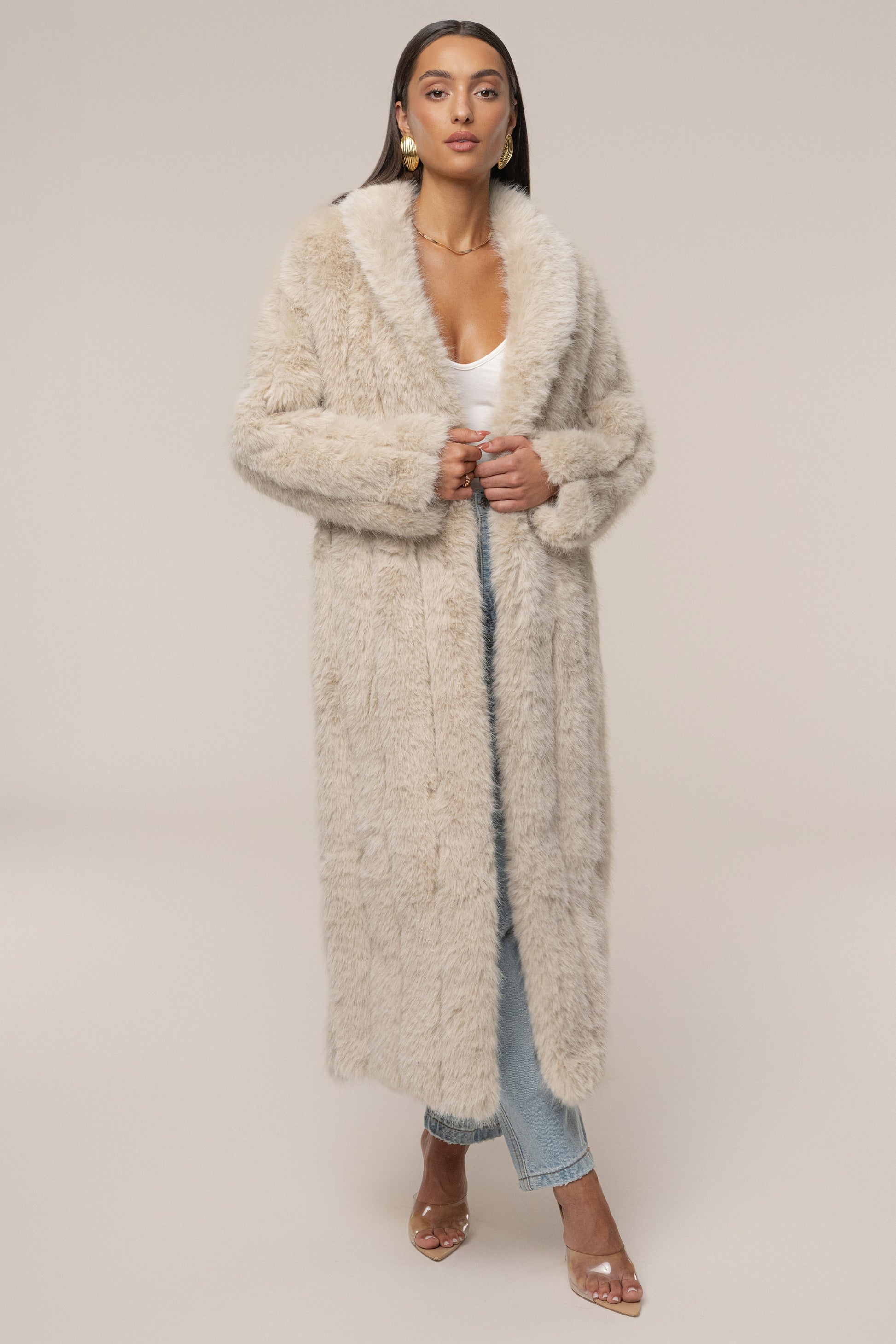 Beige Manhattan Faux Fur Coat NEWFASHIONEDGE
