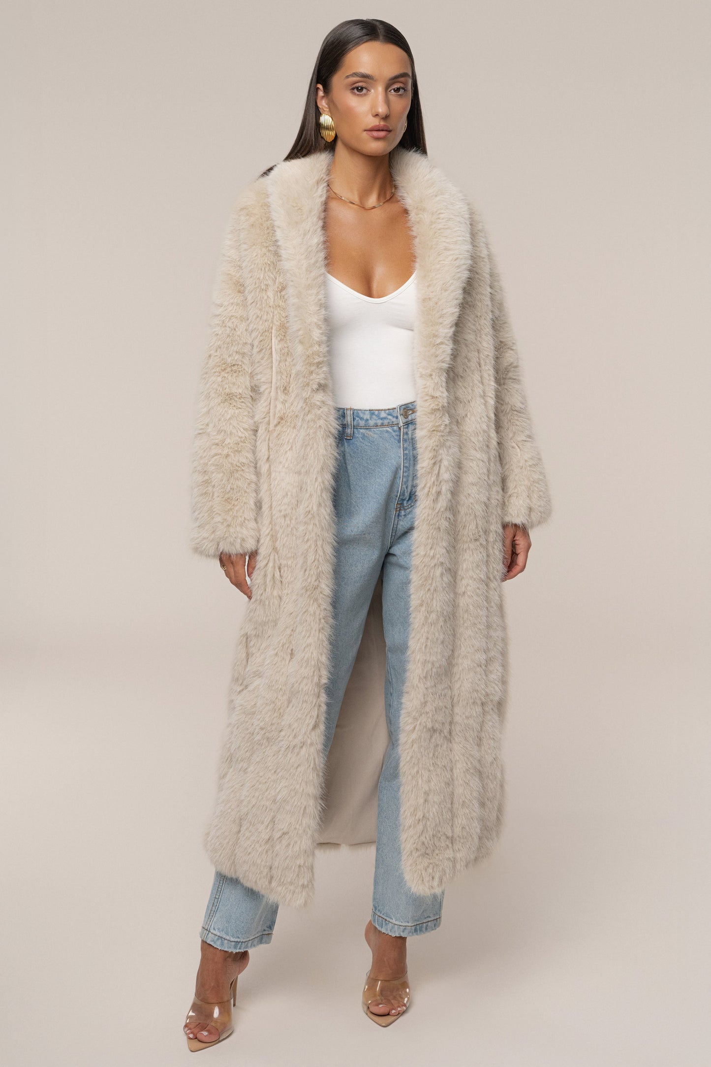 Beige Manhattan Faux Fur Coat NEWFASHIONEDGE