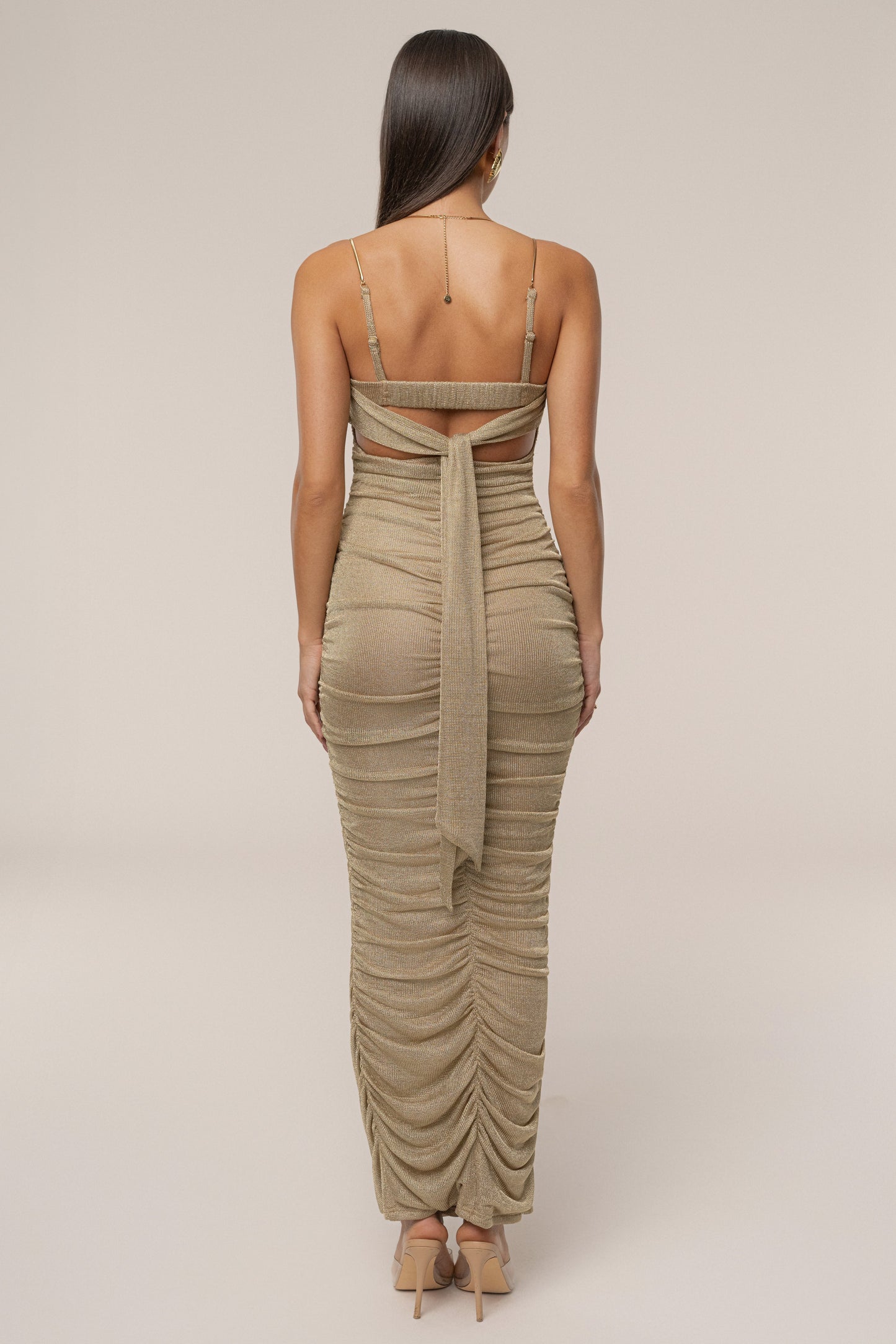 Gold Ruched Metallic Maxi Dress JLUXLABEL