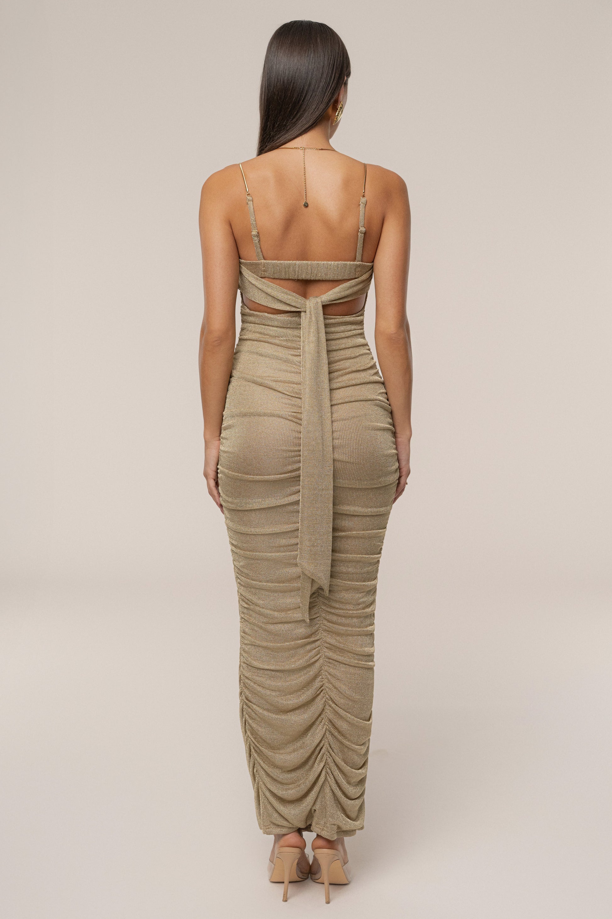 Gold Ruched Metallic Maxi Dress JLUXLABEL