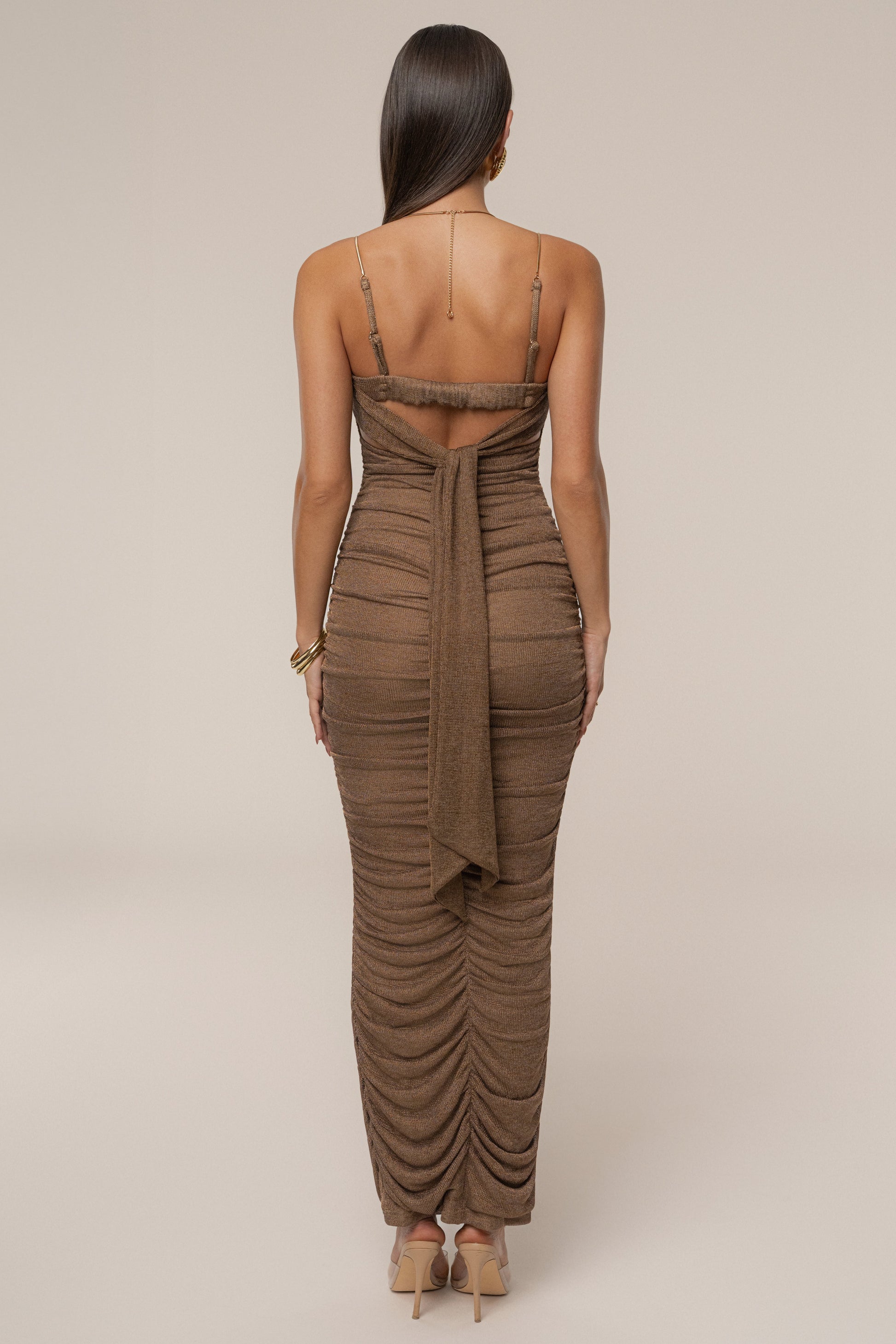 Bronze Ruched Metallic Maxi Dress JLUXLABEL