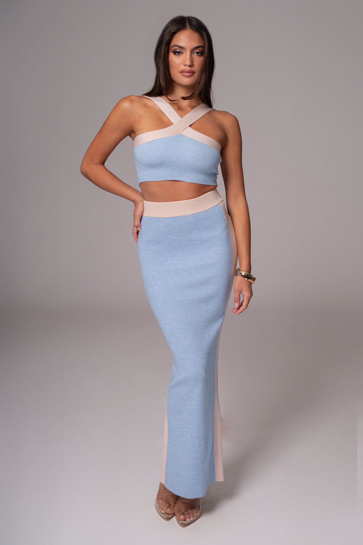 Blue/Beige Heartbreaker Two-Piece Skirt Set JLUXLABEL