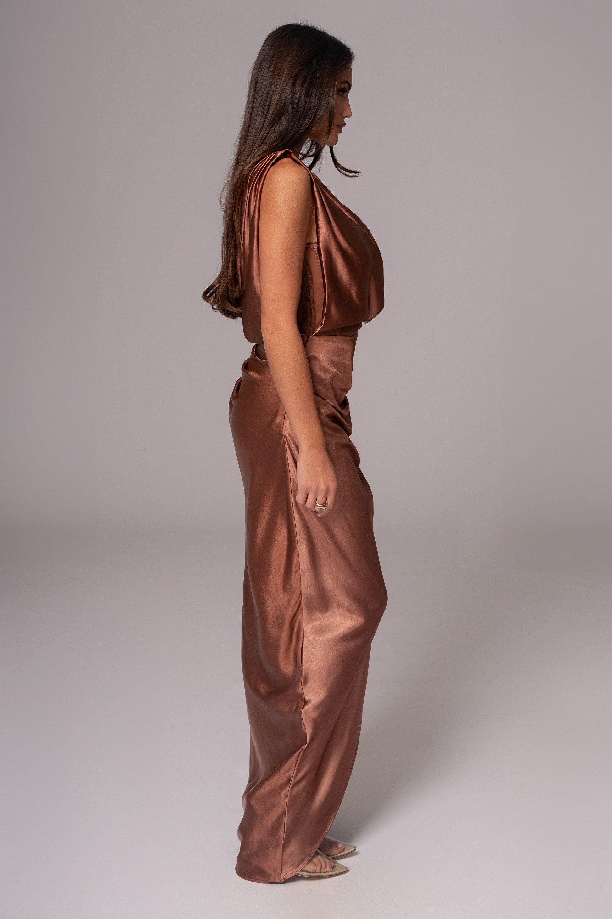 Chocolate Anastacia Drape Maxi Dress JLUXLABEL