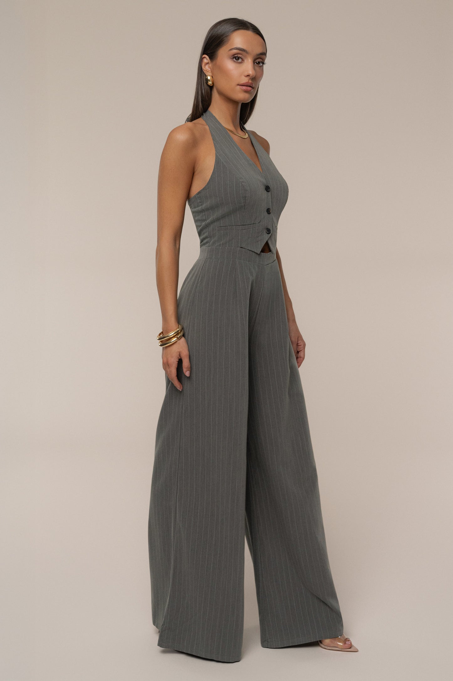Grey Classic Pinstriped Jumpsuit JLUXLABEL