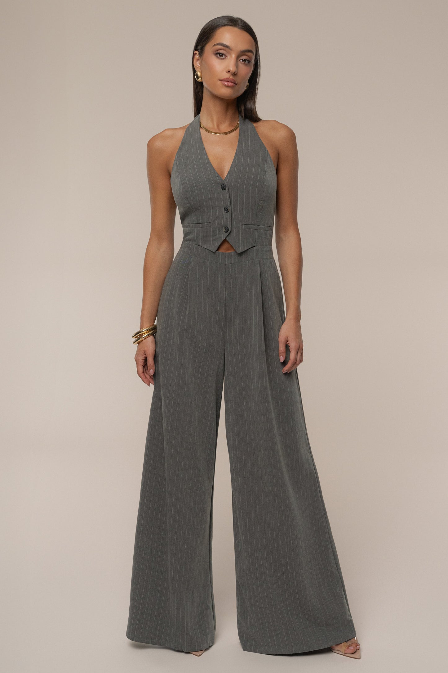 Grey Classic Pinstriped Jumpsuit JLUXLABEL