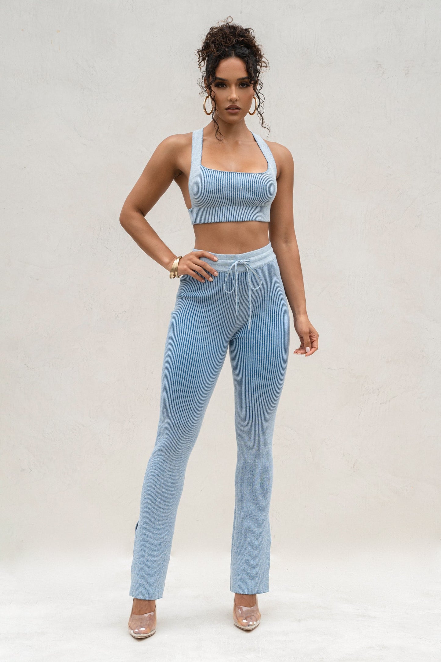 Denim/White Faya Ribbed Pants JLUXLABEL