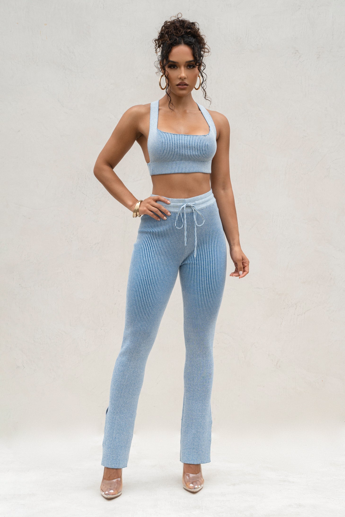 Denim/White Faya Ribbed Pants JLUXLABEL